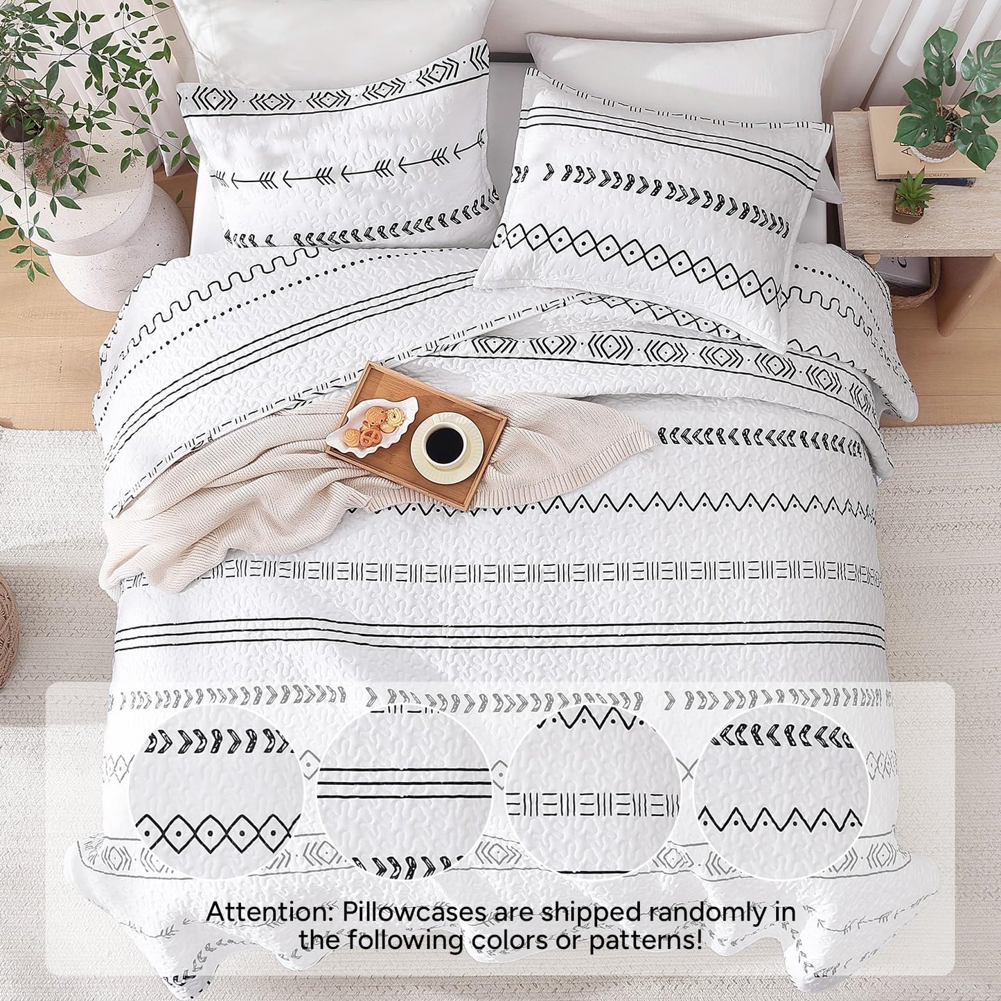 Andency White California King Quilt Set, 3 Pieces Boho Lightweight Soft Striped Cal King Bedspread for All Season (112"x104"), Printed Bohemian Polyester Reversible Coverlet Comforter Sets