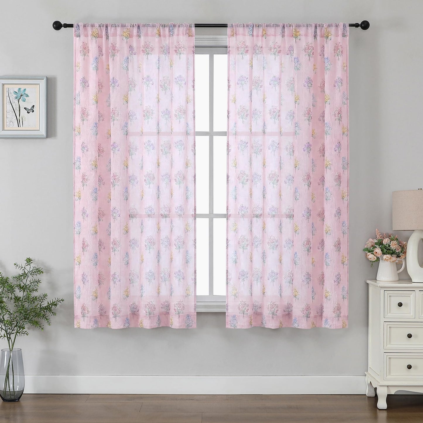 Ebesto Crushed Floral Sheer Curtains 63 Inch Length - Light Filtering Printed Sheer Flower Patterned Curtains for Bedroom, Spring Romantic Rod Pocket Window Drapes, 2 Panels, 42Wx63L, Blush Pink