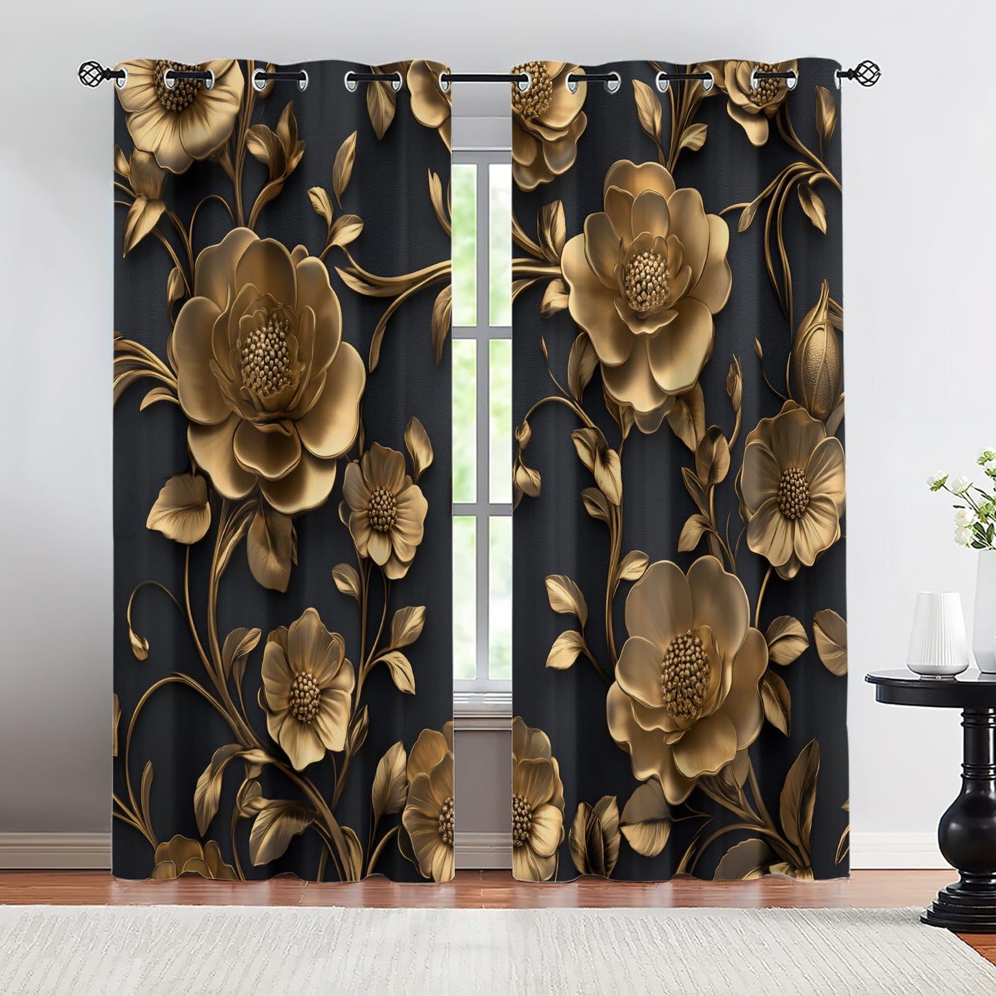 YXQAIED Gold Floral Blackout Curtains, Black Gold Flower Cutrtains for Living Room, 3D Embossed Floral Window Treatments, Kitchen Bedroom Curtain 84 Inch Long, 2 Panels