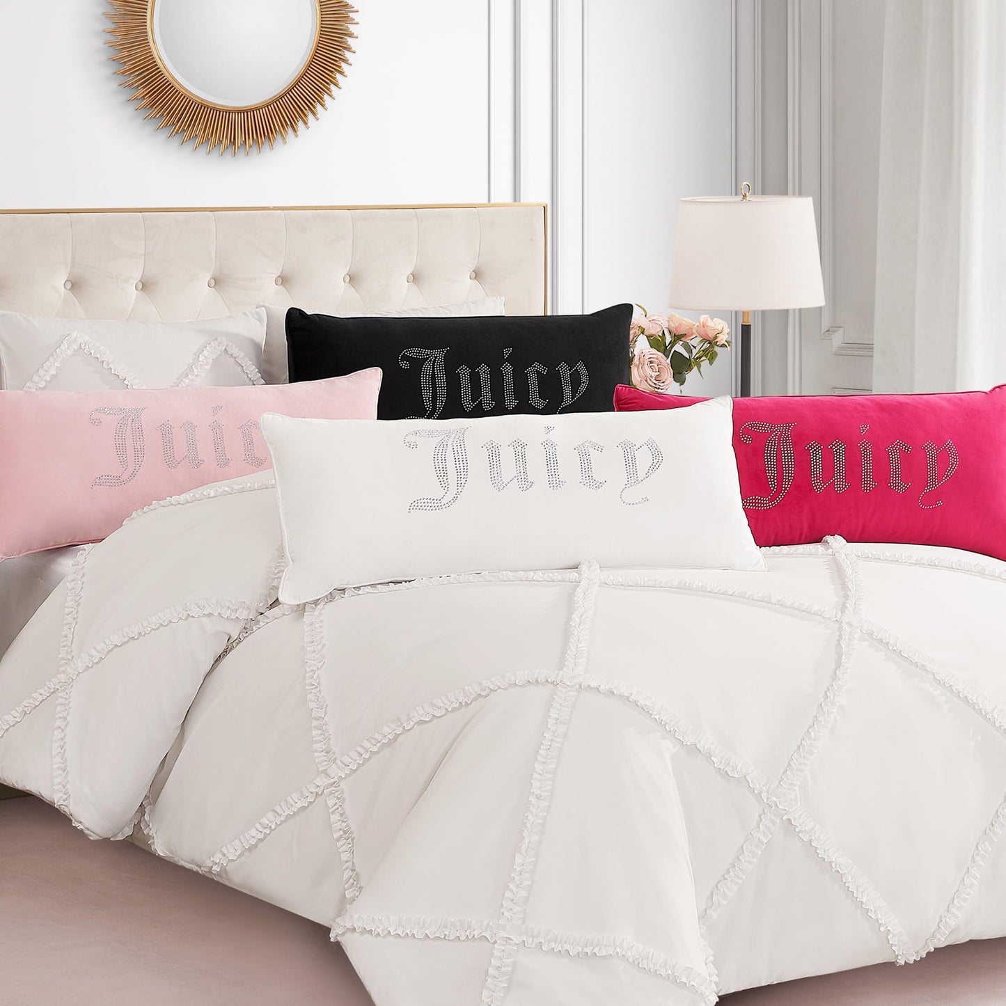 Juicy Couture Silver Rhinestone Decorative Pillow - Premium Throw Pillow - Living Room and Bedroom Décor - Hannah 16" x 36", Light Pink Velvet