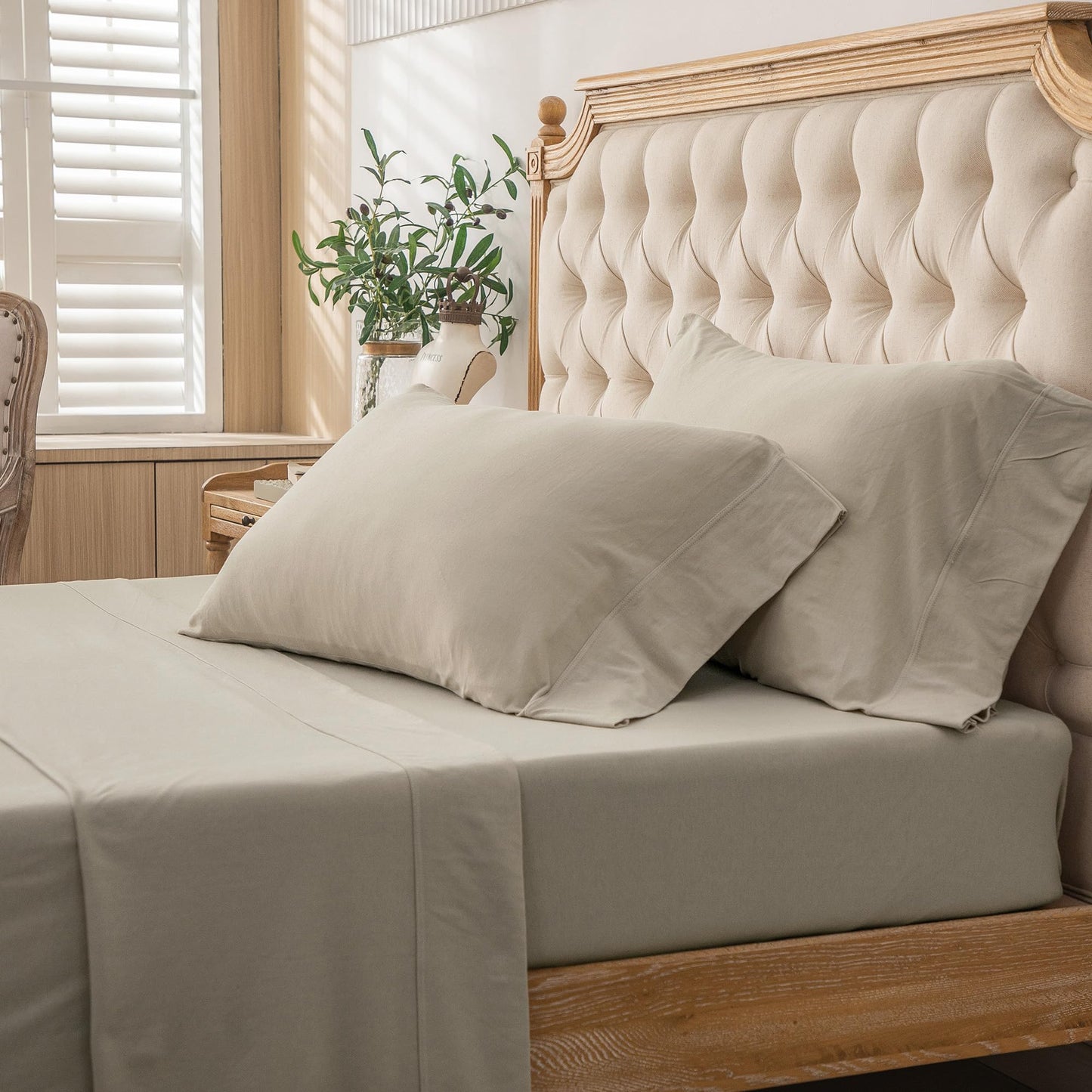 PURE ERA Jersey Knit 4pc Bed Sheet Set 100% T-Shirt Heather Cotton Super Soft Comfy Breathable Fits Mattress Up to 20" Extra Deep Pocket (Dark Beige,Queen)