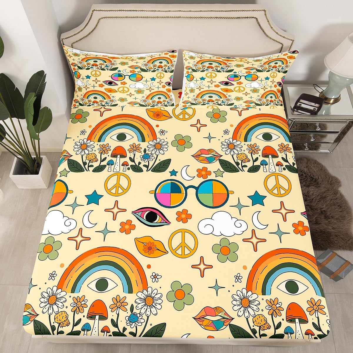 Castle Fairy Kids Retro 70s Hippie Style Bed Sheet Set King Size,Mushroom Bedding Set for Children Adult Present,Rainbow Floral Stars Moon Bedding (1 Fitted,1 Flat,2 Pillowcases), Microfiber