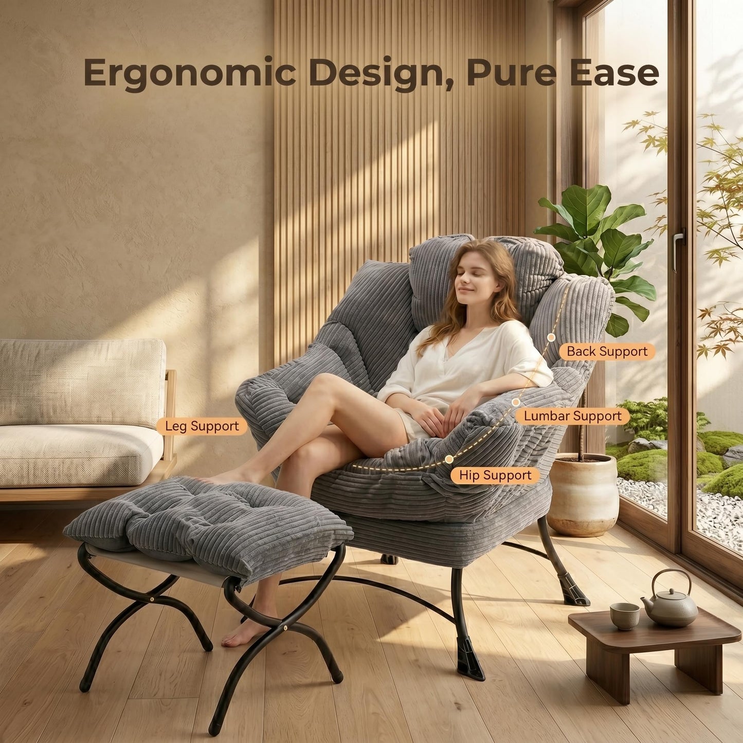 XUOXFUTZIG Lazy Chair with Ottoman, Oversized Comfy Accent Chair, 400LBS Heavy Duty Metal Frame, Thick Cushion Corduroy Lounge Chair for Living Room Bedroom Reading, Dark Gray