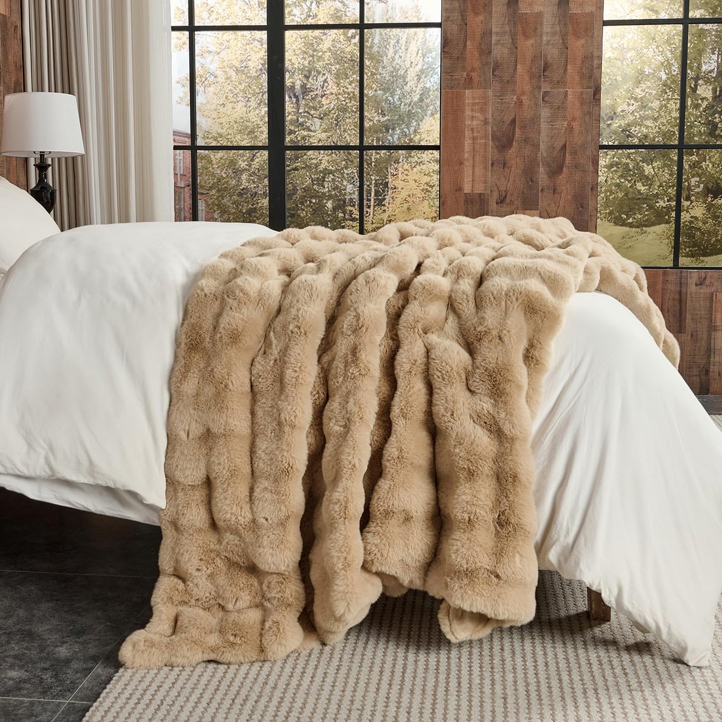 Lotus Karen Faux Fur Throw Blanket Khaki - Big Bubble Rabbit Fluff Blanket for Couch, Small Fluffy Fuzzy Cozy Blanket, Thick Furry Plush Shaggy Blankets, 50x60 Inches
