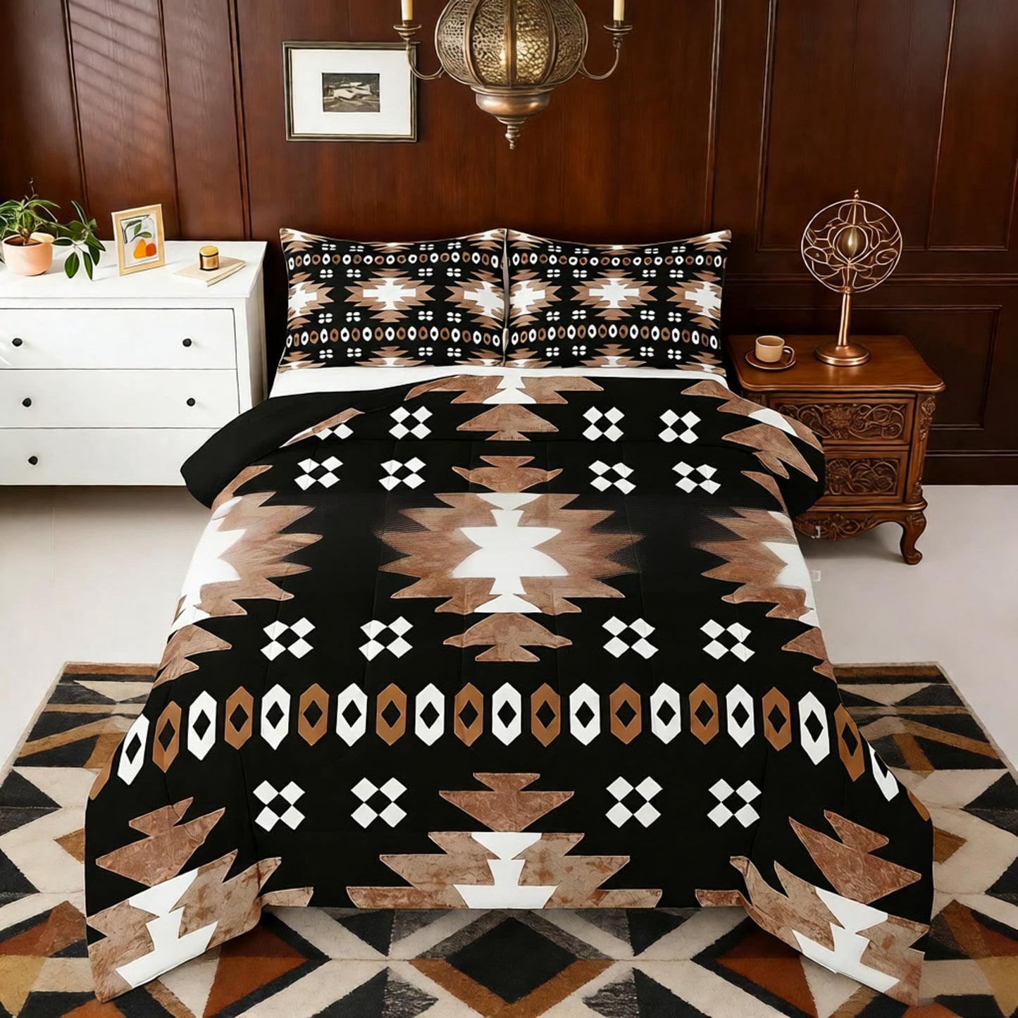 Feelyou Boho Comforter Set King Size Southwest Native American Design Comforter Southwestern Geometric Bedding Set Western Decor Duvet Set Room Decor Brown Balck Quilt Set