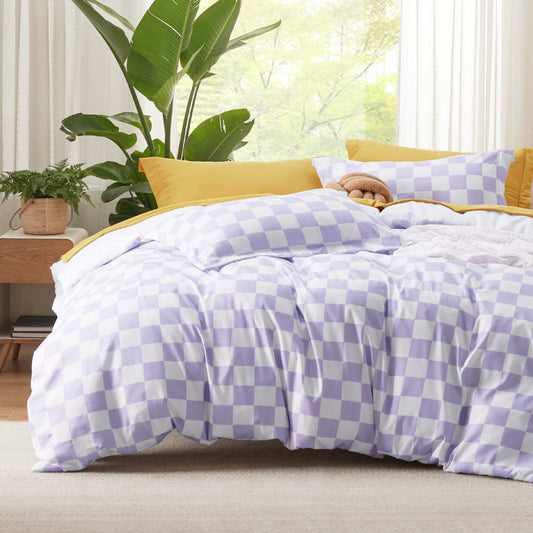 Bedsure Duvet Cover King Size - Reversible Checked Plaid Duvet Cover Set with Zipper Closure, 3 Pieces Purple Bedding Set with 8 Corner Ties and 2 Pillow Shams 20"x36"