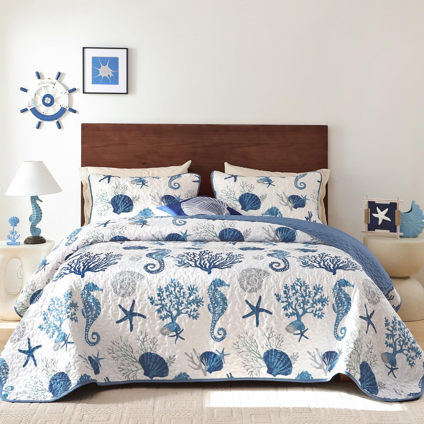 Djoymock Coastal King Size Quilt Set 3 Pcs, Summer Blue Beach Theme Quilts with Pillowcases Reversible Microfiber Ocean Bedding Set Nautical Bedspreads Coverlet Lightweight Comforter for All Season