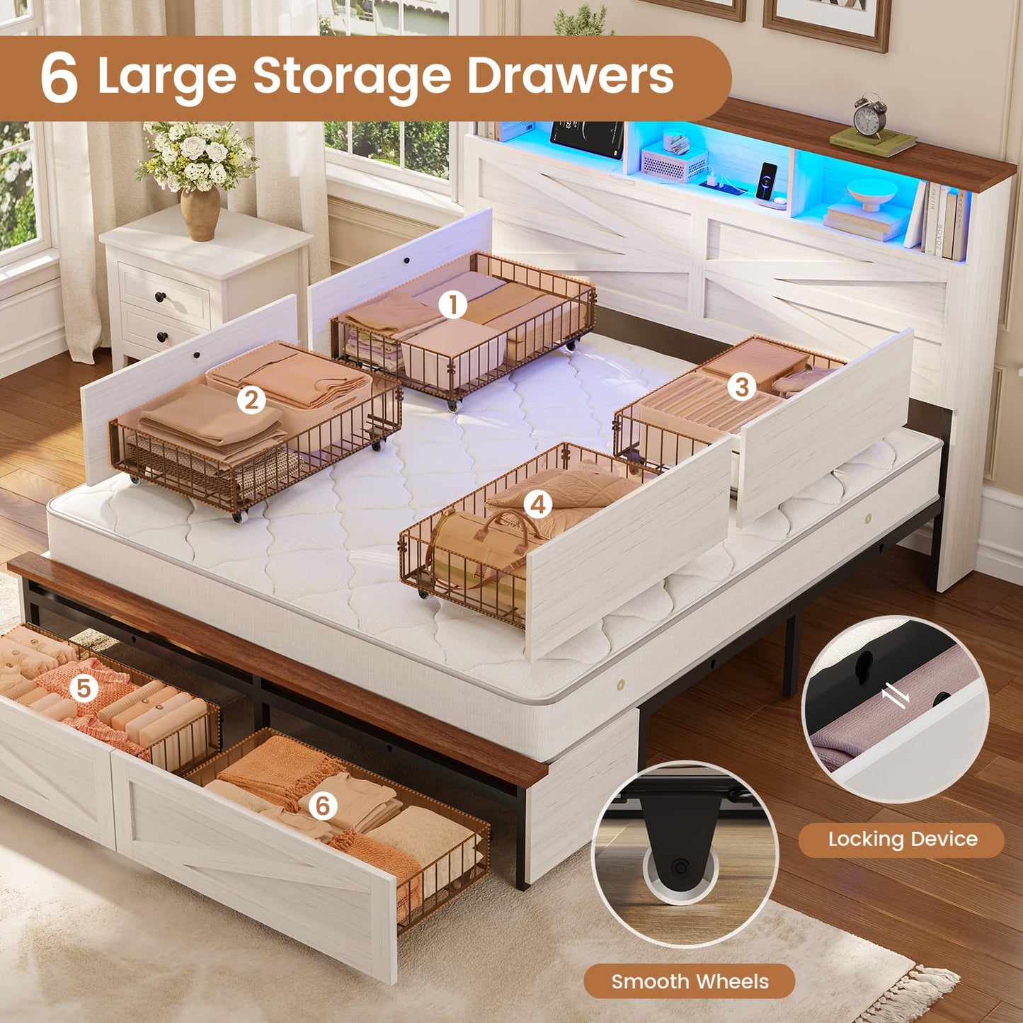 VIAGDO Full Size Bed Frame with 6 Drawers, Farmhouse Bed Frame with Barn Door Headboard and Storage, Wood Platform Bed Frame Full Size with Charging Station and LED Lights, No Box Spring Needed, White
