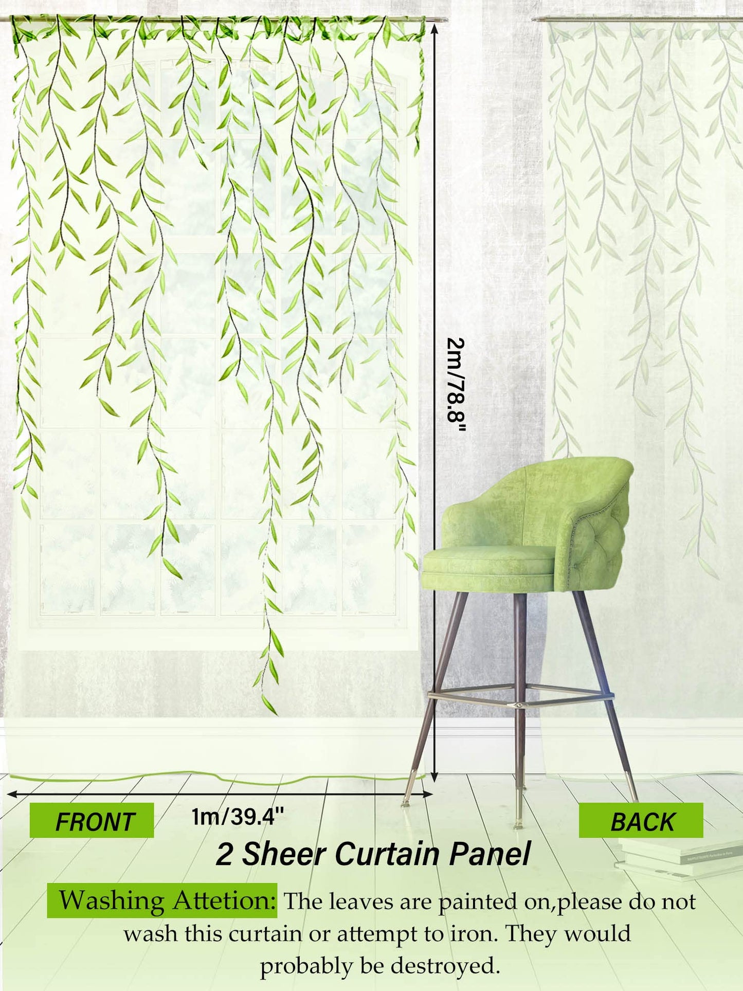 Breling Willow Voile Curtains Cute Green Sheers Leaf Tulle Vine Window Sheers Ivy Pretty Curtain for Living Room Bedroom Window Door Balcony (39.4 x 78.7 Inch,Print Style,2)