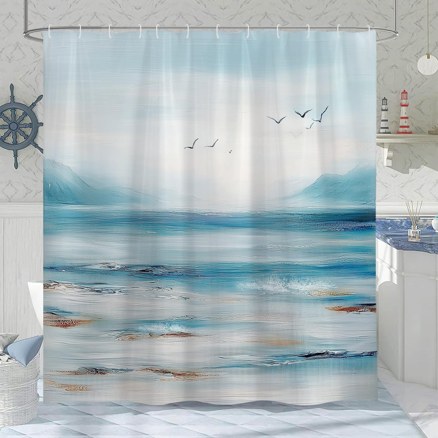 Sanzugh Ocean Beach Shower Curtain, Summer Coastal Abstract Blue Teal Beachy Themed Fabric Shower Curtains Set for Bathroom Decorative with Hooks 72 X 72 Inch Tropical Hawaii Sea Wave Bath Decor