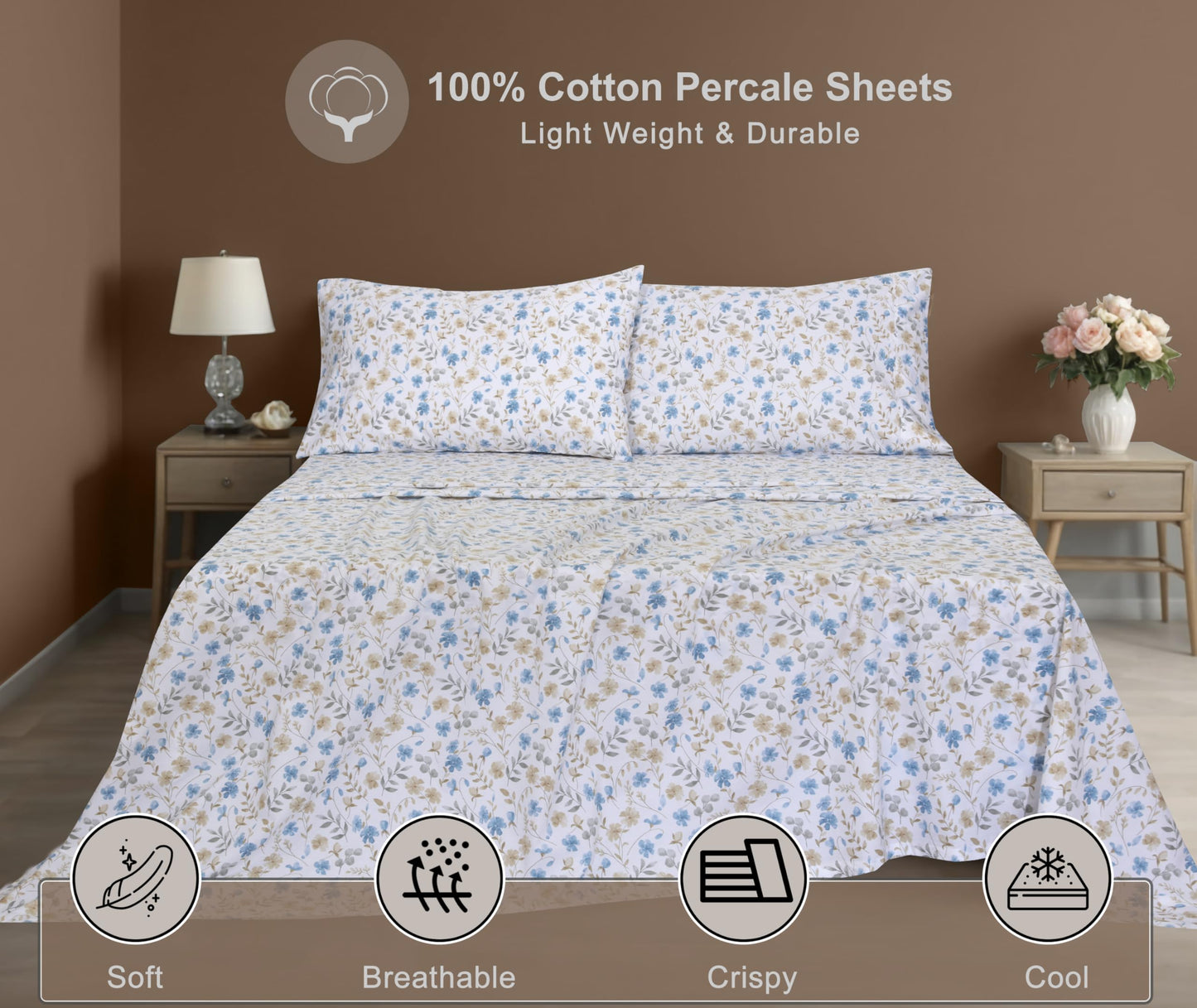 ZOYER 100% Cotton Sheets – Full Size Percale Bedding, Cooling & Breathable, Durable with a Crisp, Soft & Comfortable Feel, 16" Deep Pocket, 4-Piece Set, Country Cost