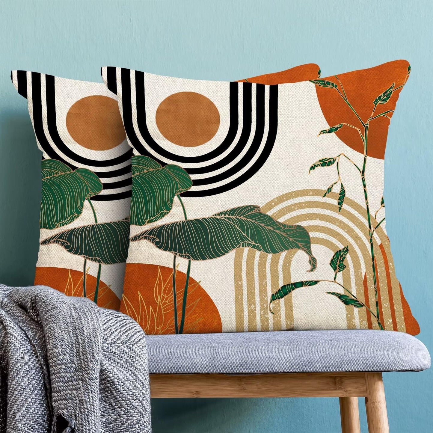 AEIOAE Burnt Orange Boho Pillow Covers 16 x 16 Set of 2 Minimalist Tropical Retro Mid Century Decorative Throw Pillow Abstract Outdoor Linen Square Farmhouse Cushion Cover for Home Couch Sofa