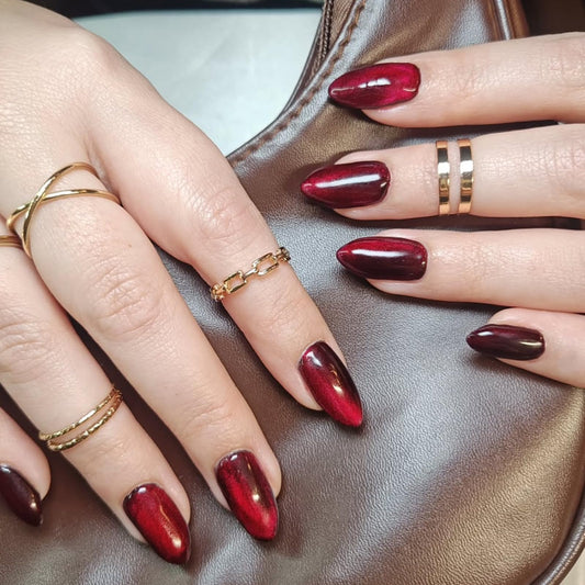 IMSOHOT Press on Nails Medium Almond Fake Nails Wine Red Cat's Eye Glue on Nails Full Cover Glossy Burgundy False Nails for Women 24Pcs Artificial Acrylic Nail Supplies