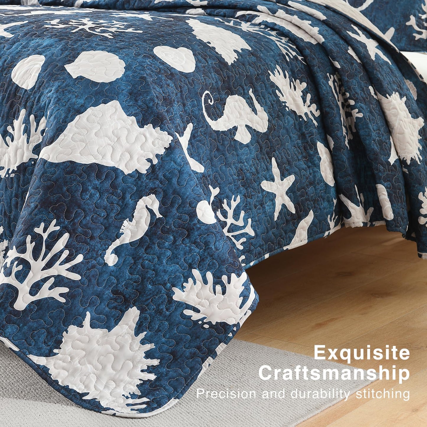 HORIMOTE HOME Coastal Quilt Bedding Set Queen Size, Reversible Navy Summer Beach Quilt Lightweight Ocean Nautical Comforter Tropical Bedspread Coverlet with 2 Pillow Shams for All Seasons (90"x96")