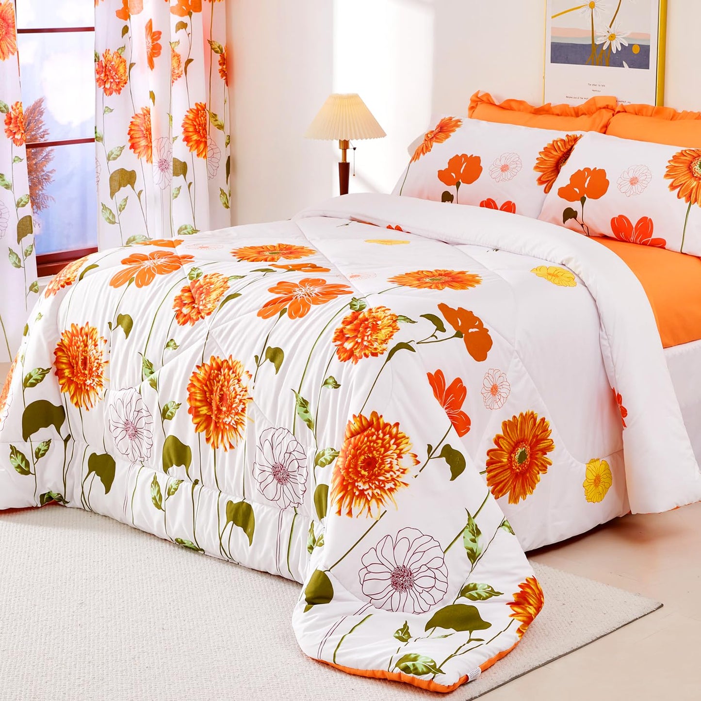 EVENHUG Twin Comforter Set 7 Pieces Lightweight Soft Twin Size Comforters for All Season Orange Sunflower Floral Bedding Sets Bed in a Bag with Flat Sheet and Fitted Sheet Pillowcases