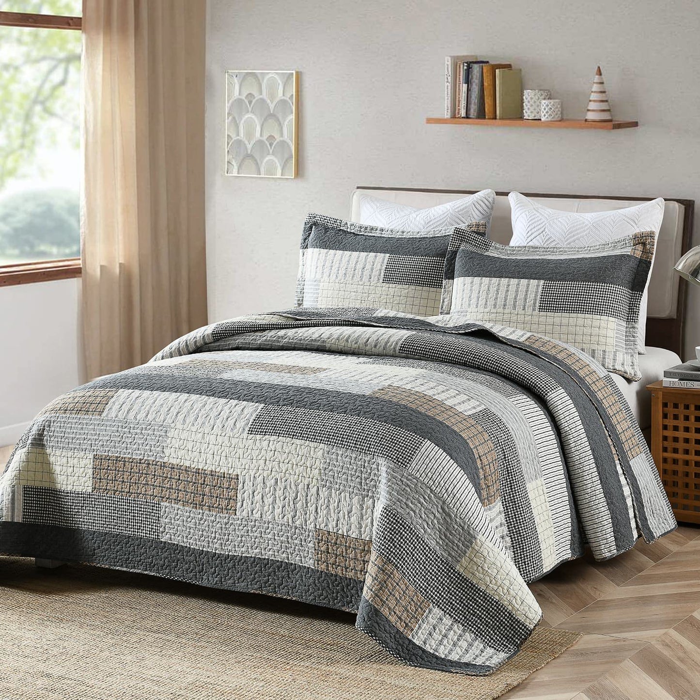 Y-PLWOMEN Queen Quilt Set 100% Cotton Lightweight Quilts Queen Size, Cozy Farmhouse Striped Stitch Home Decor Bedding, Rustic Quilted Bedspread Set for All Season, 3-Pieces
