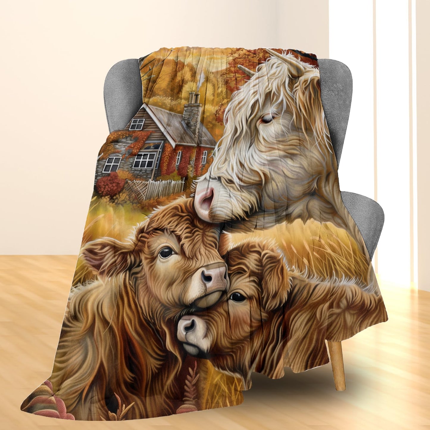 Ti Caldi Highland Cow Farmhouse Blanket - Soft Cozy Lightweight Flannel Throw Blanket for Couch, Bed, Travel & Outdoor | Warm Fuzzy Blankets for Adults Kids Women Boys Girls 50×60 in