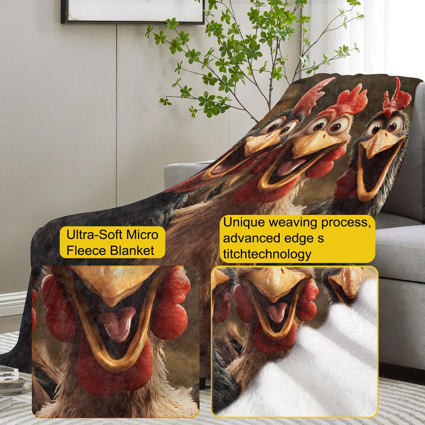 VANZEV Chickens Blanket Gifts for Women, Cartoon Three Cheerful Chickens Flannel Blanket, Soft Warm Lightweight Throw Blankets for Bed Couch Home Travel Decor 50" x 60"
