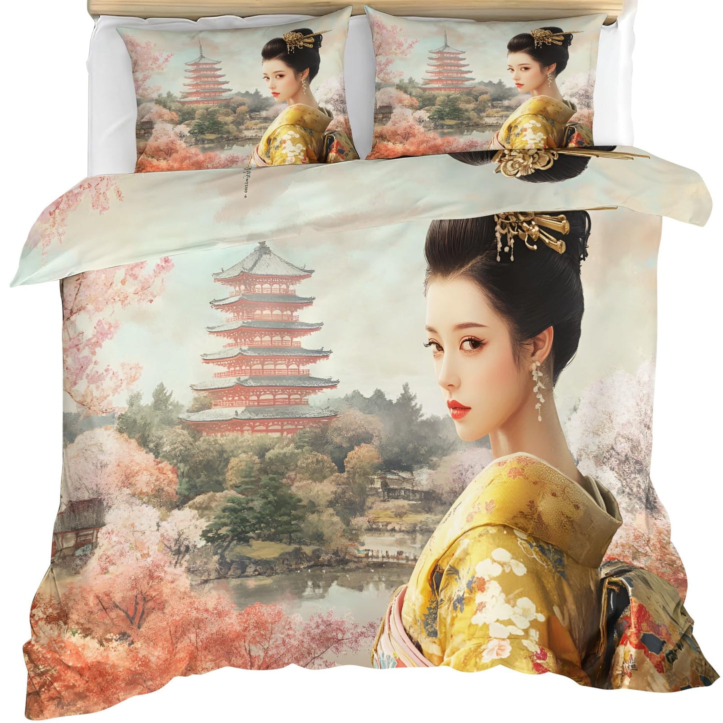 GKPLY Japanese Comforter Set Twin, Oriental Girls Duvet Cover, Asian Painting Bedding Set, 2 Pillowcases, Zipper Closure, Reversible Print Bedding Set & Bedroom Decor