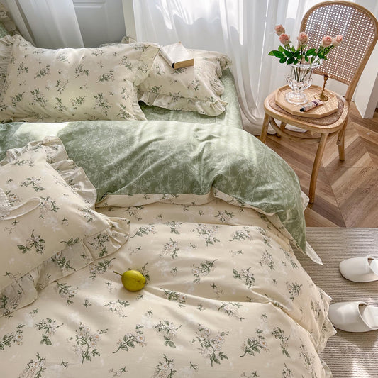 mixinni Reversible Sage Green Floral Duvet Cover Set Twin Size - 100% Cotton Soft Botanical Bedding with Ruffle Lace, 3 Pieces Cute Aesthetic Cottagecore Antique Style Quilt Cover Set for Girls Women
