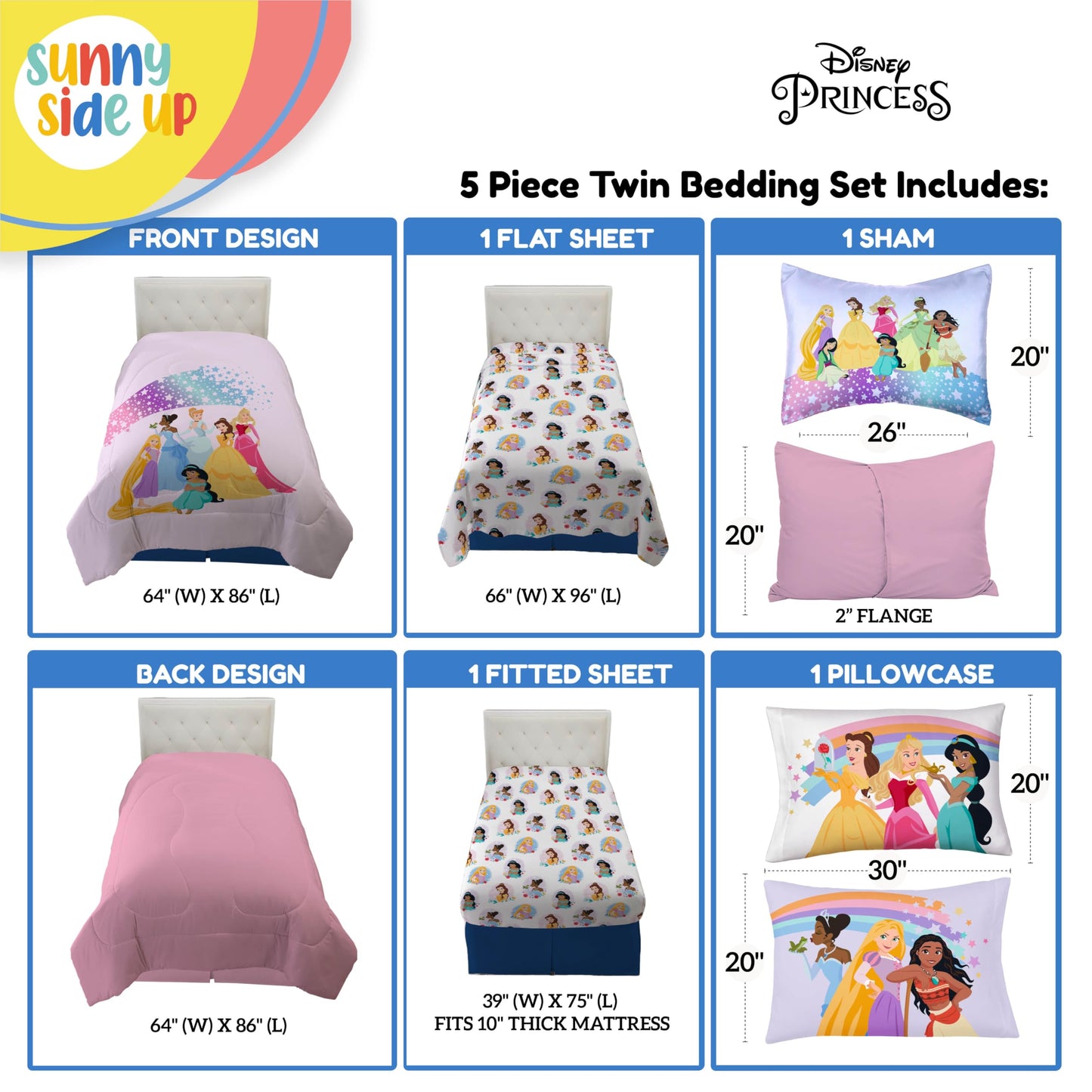Disney Princess Twin Comforter Set - 5 Piece Kids Bedding Includes Comforter, Sheets & Pillow Cover - Super Soft Rainbow Stars Microfiber Bed Set