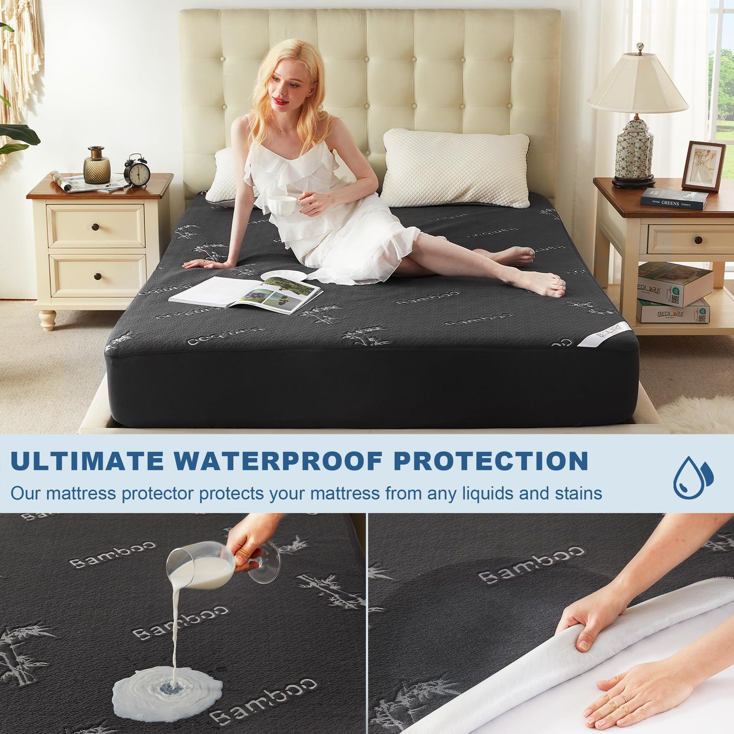 BEDLORE Full Size Waterproof Mattress Protector Viscose Derived from Bamboo, Soft Mattress Cover Fitted with Deep Pocket 6"-15", Breathable Noiseless Mattress Pad, Machine Washable(Gray)