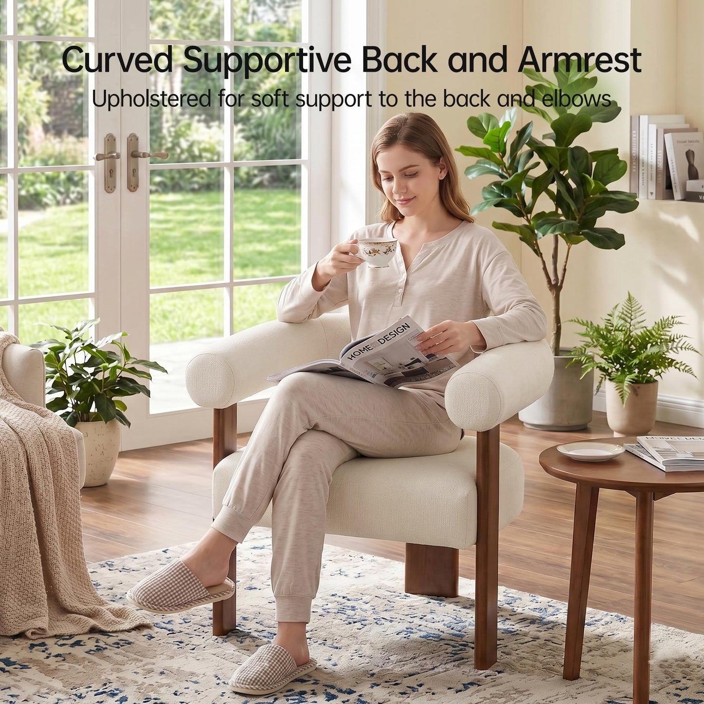 Usaint Upholstered Accent Chairs Set of 2, Mid-Century Modern Arm Chair Living Room Chairs with Walnut Wood Legs, Comfy Barrel Accent Chairs for Living Room, Bedroom, Vanity, Reading Room, Khaki