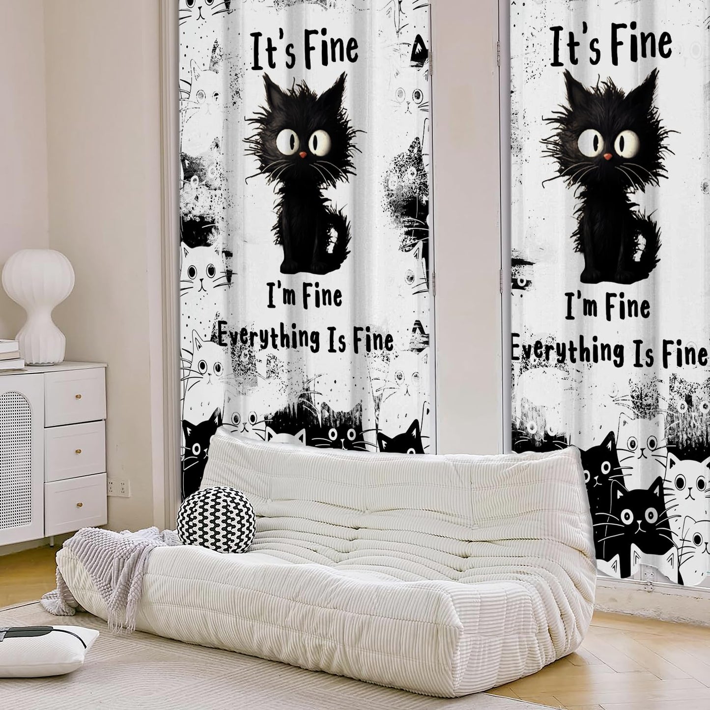 SIOQCKIS Cute Cat Curtains for Bedroom, Funny Black Cats Curtains for Windows, It's Fine Cat Kitchen Curtain Kitten, 52 x 84 Inch Long 2 Panels Gifts for Cats Lovers Window Decor Bathroom