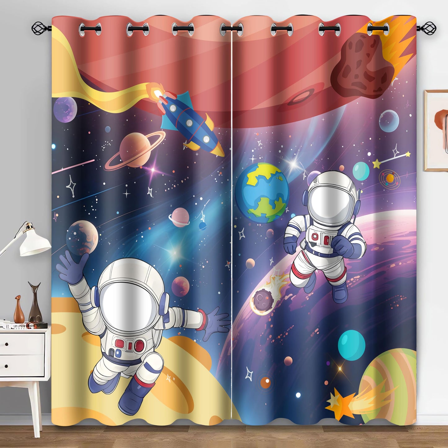 HIYSMT Astronaut Outer Space Curtains for Kids Bedroom,4284inch Universe Planet Cosmic Rocket Meteorite Fall Blackout Curtain,Cartoon Fantasy Starry Sky Drapes for Nursery Child Room 2Panel HI01DX