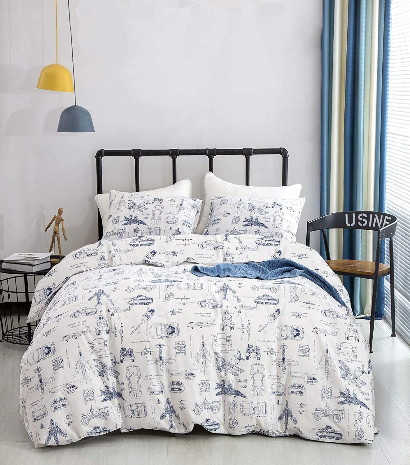 KAREVER Aircraft Comforter Set Full Boys White Cartoon Bedding Set Alternative Comforters Airplane Car Tank Printed White Bedding Blanket Full for Children Teen Boy with Microfiber Inner Insert