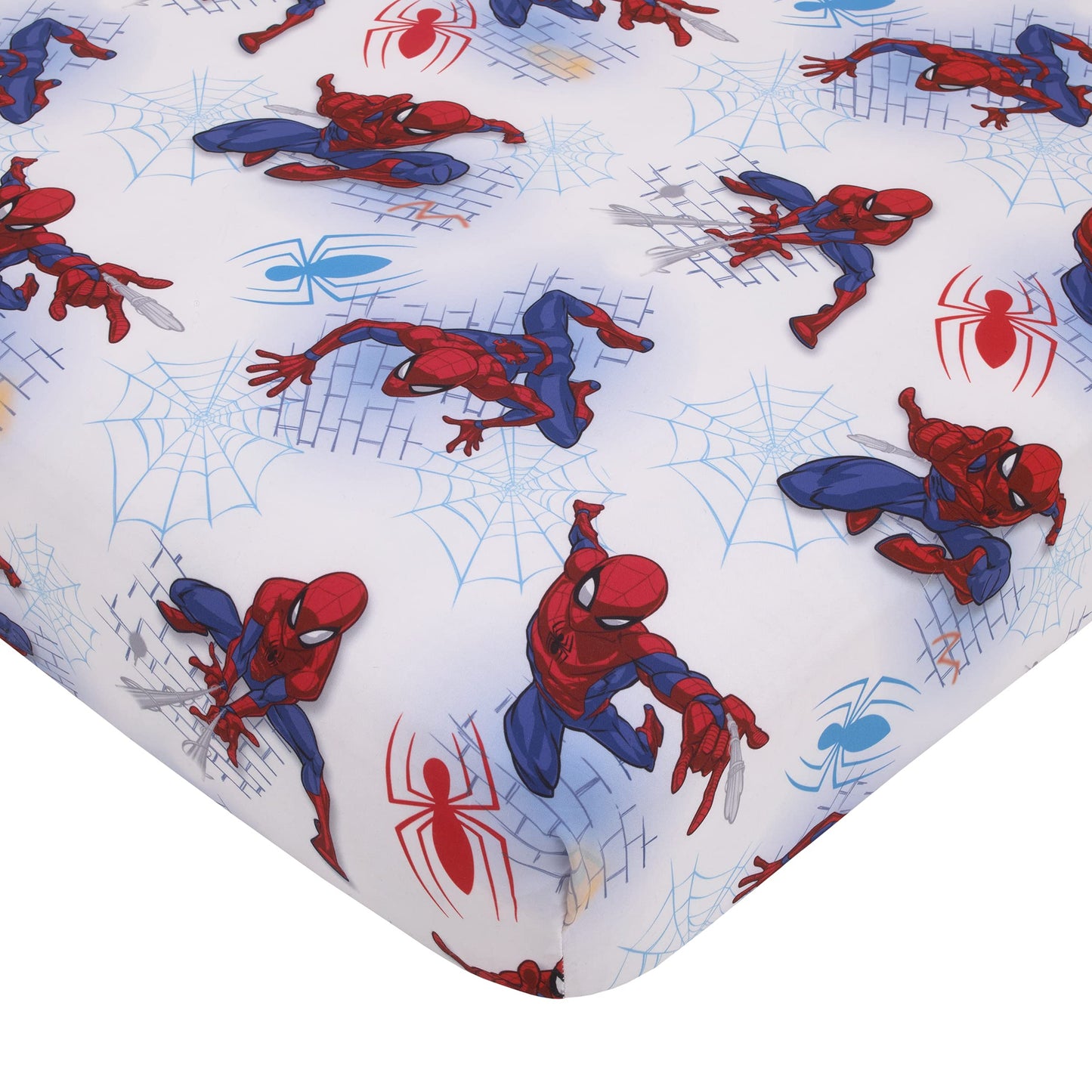 Disney Marvel Spiderman Wall Crawler Red, White, and Blue Spider Webs 4 Piece Toddler Bed Set - Comforter, Fitted Bottom Sheet, Flat Top Sheet, and Reversible Pillowcase