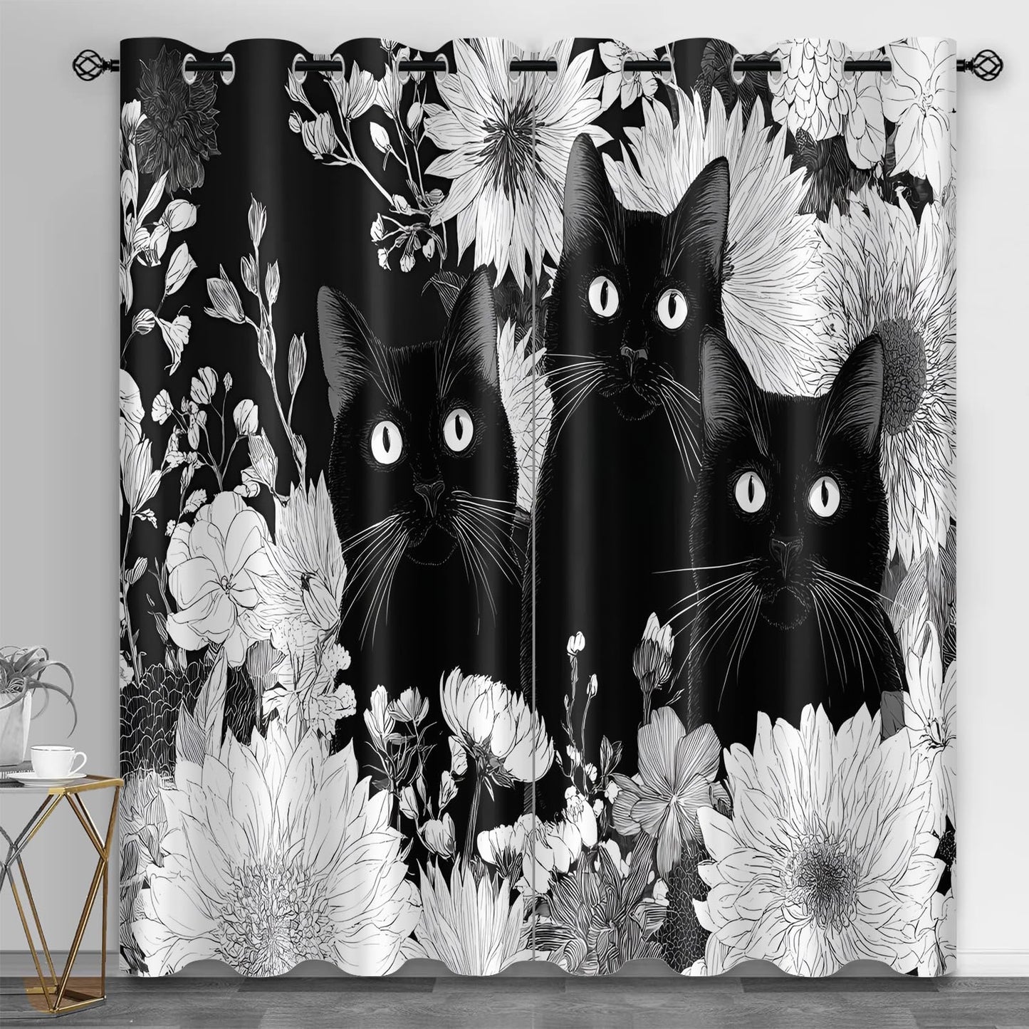 XAFIAUR Cat Blackout Curtains Black Cat Print Curtain, Cute Animal Drapes for Kids Bedroom Play Room 2 Panels Darkening Grommets Window Treatment 36" W x 72" L x2