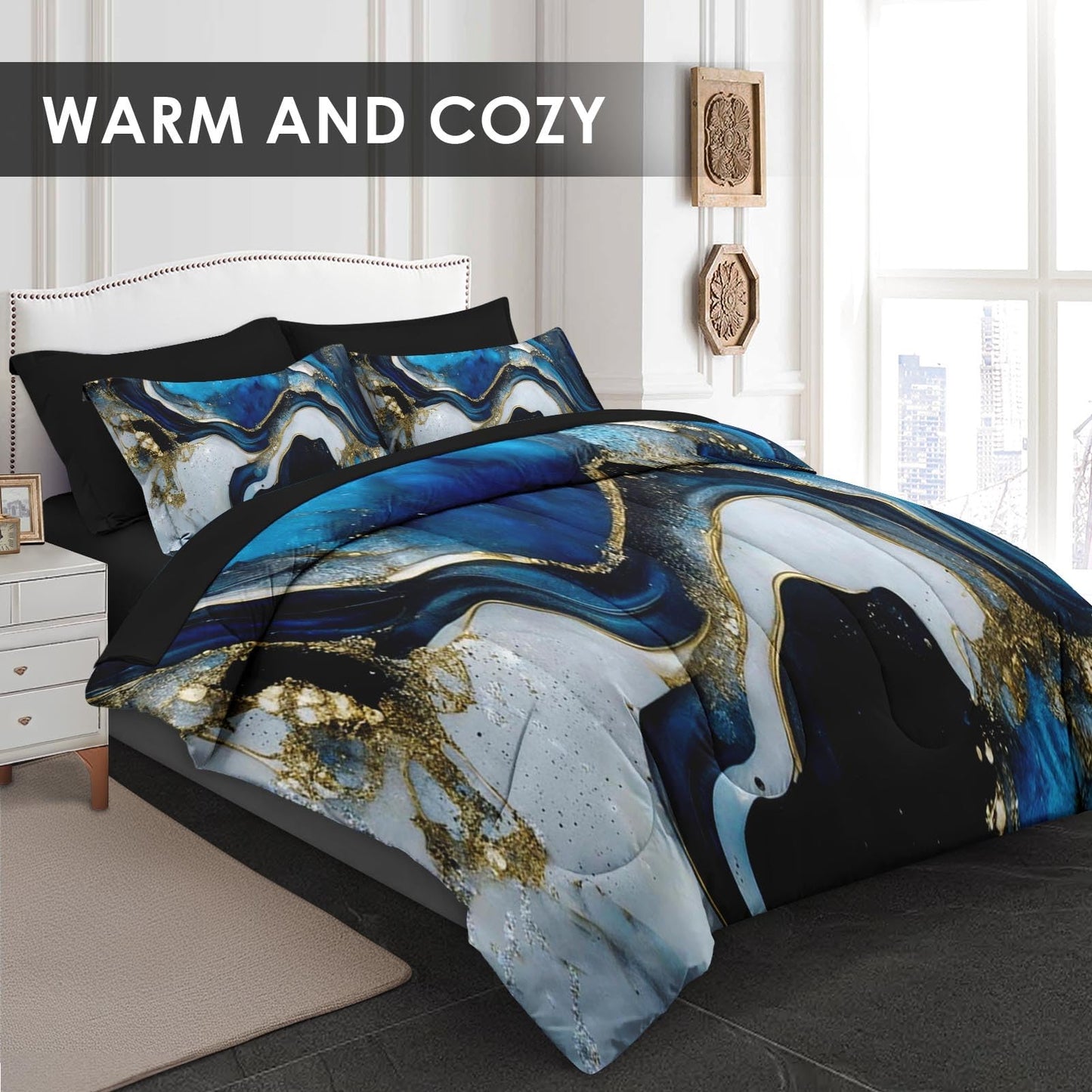 Pamnest Comforter Set Queen Size, Deep Blue Painting 7 Pcs Bedding Set for Kids and Adults, Gold Marble Stone Bed Sheet Sets with Fitted Sheet 2 Pillowcase & 2 Sham for Bedroom Bed Decor