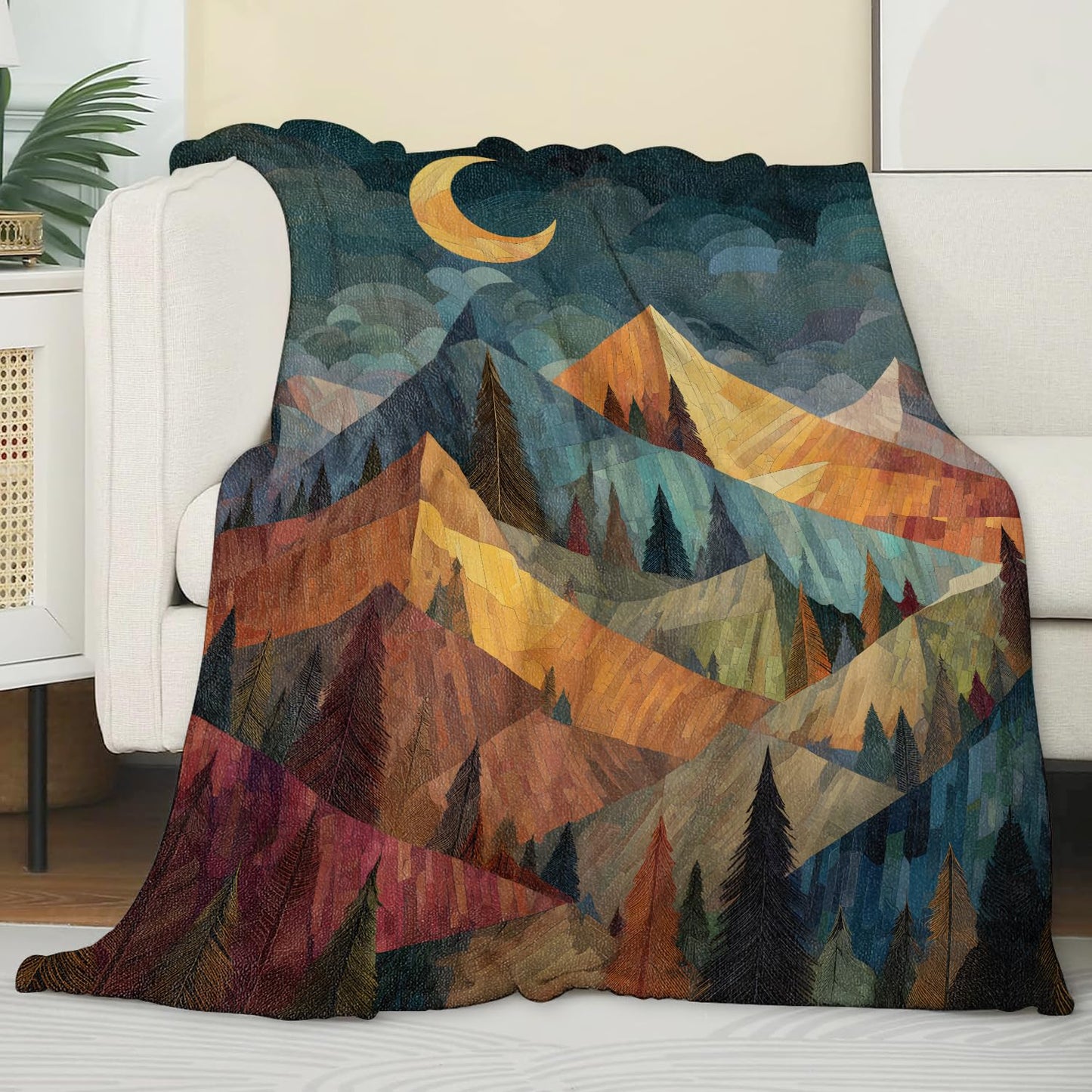 Zeleda Mountain Blanket, Gifts for Nature and Abstract Art Lovers, Lightweight Flannel Throw Blankets, Geometric Landscape with Moon Forest Throws Home Decor, for Couch Living Room Office, 60x50inch