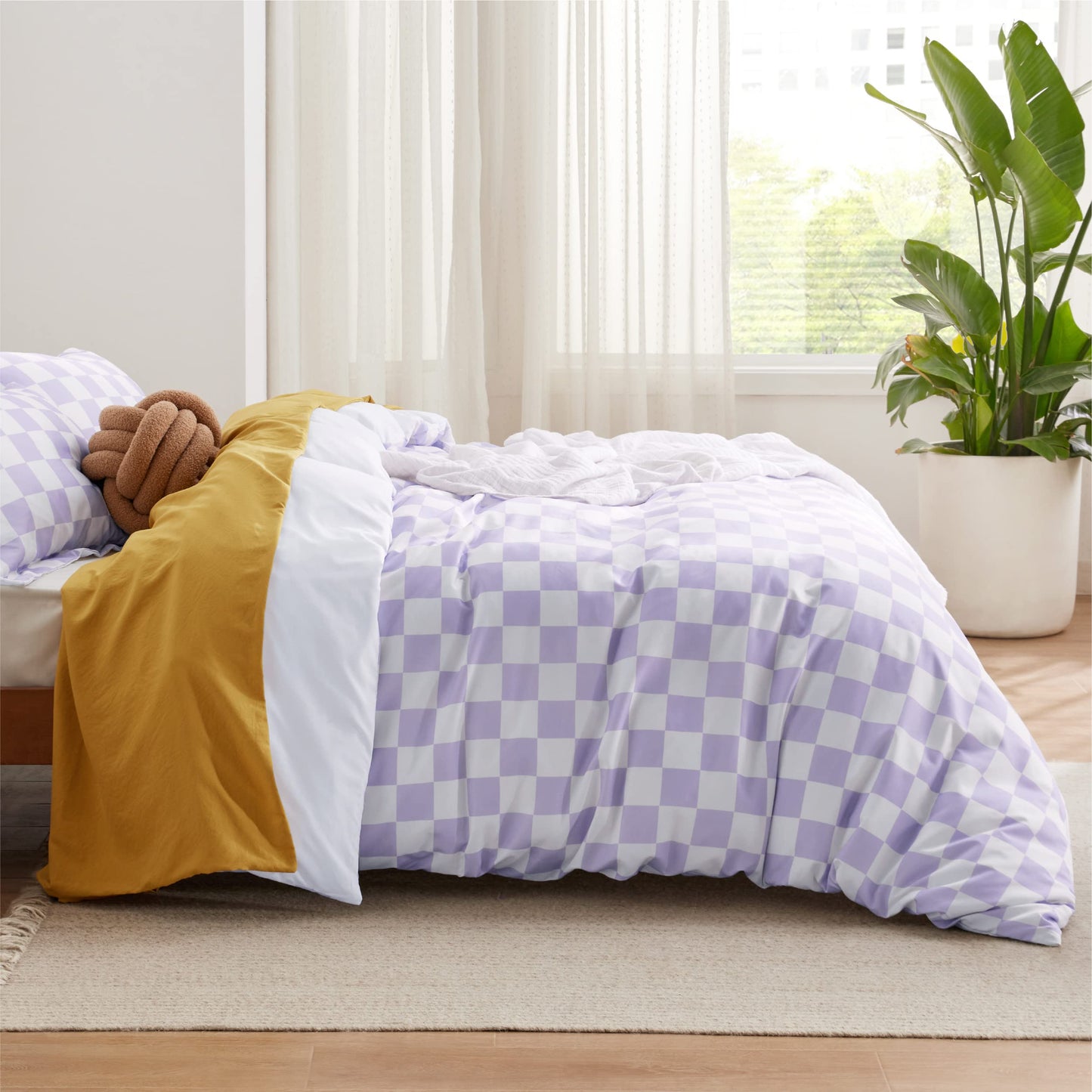 Bedsure Duvet Cover King Size - Reversible Checked Plaid Duvet Cover Set with Zipper Closure, 3 Pieces Purple Bedding Set with 8 Corner Ties and 2 Pillow Shams 20"x36"