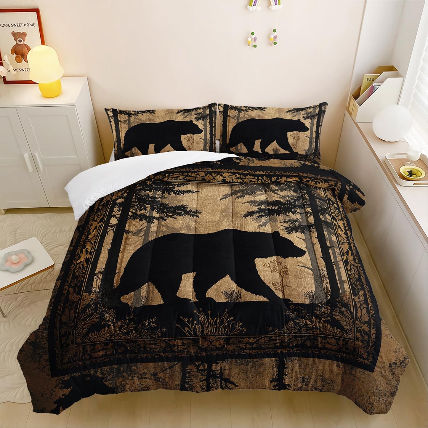 XYNHML Black Bears Hunting Animal Comforter 3Pcs Twin Wildlife Bear Forest Pine Tree Bedding Set for Kid Teen Boy Girl Adult Retro Rustic Bear Plant Quilt Bed Decor with 1 Comforter & 2 Pillowcases