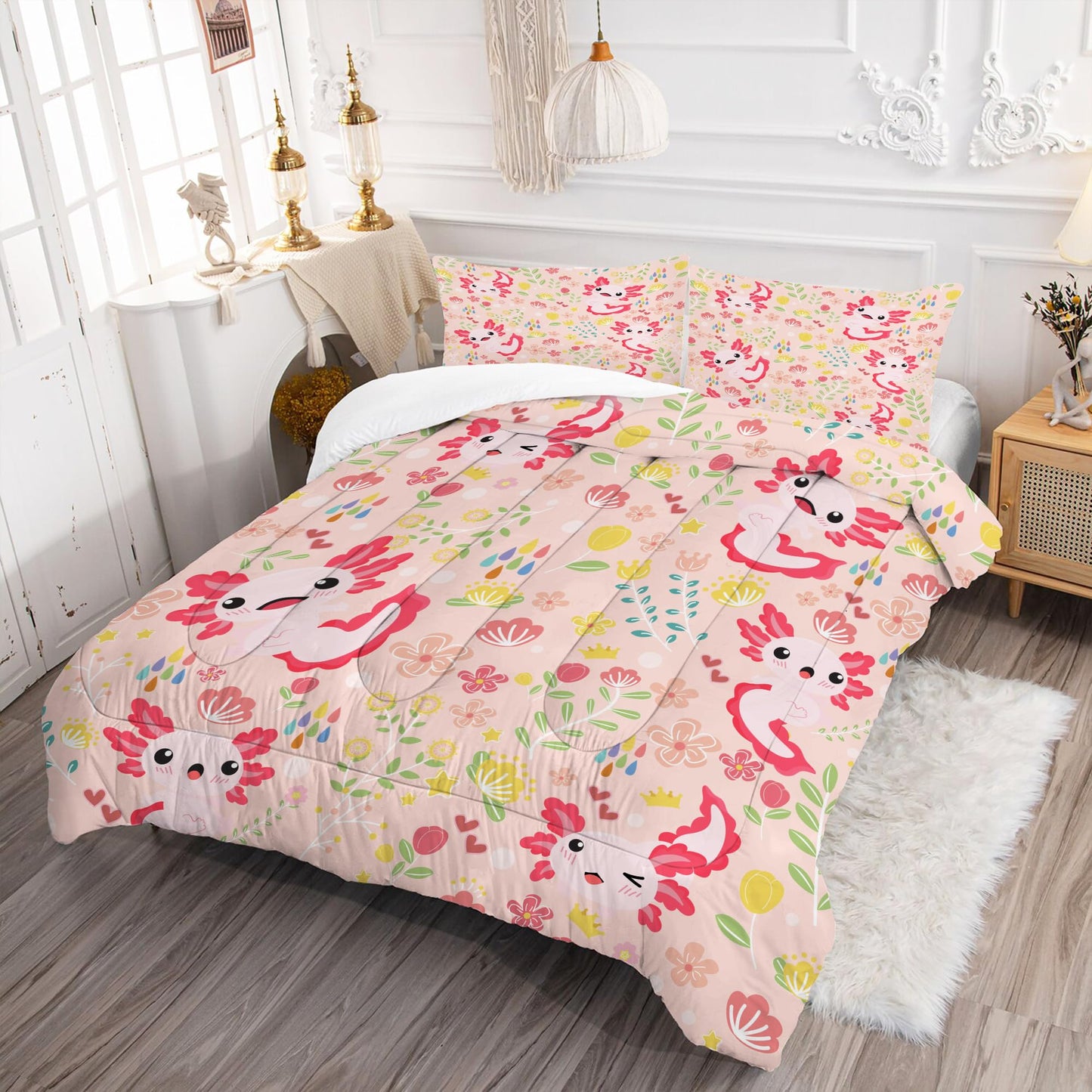 EDGZKO Axolotl Comforter Set Full Size Pink Floral Axolotl Bedding Sets for Kids Girls Teens Bedroom Cute Cartoon Flowers Bed Set 1 Comforter & 2 Pillowcases