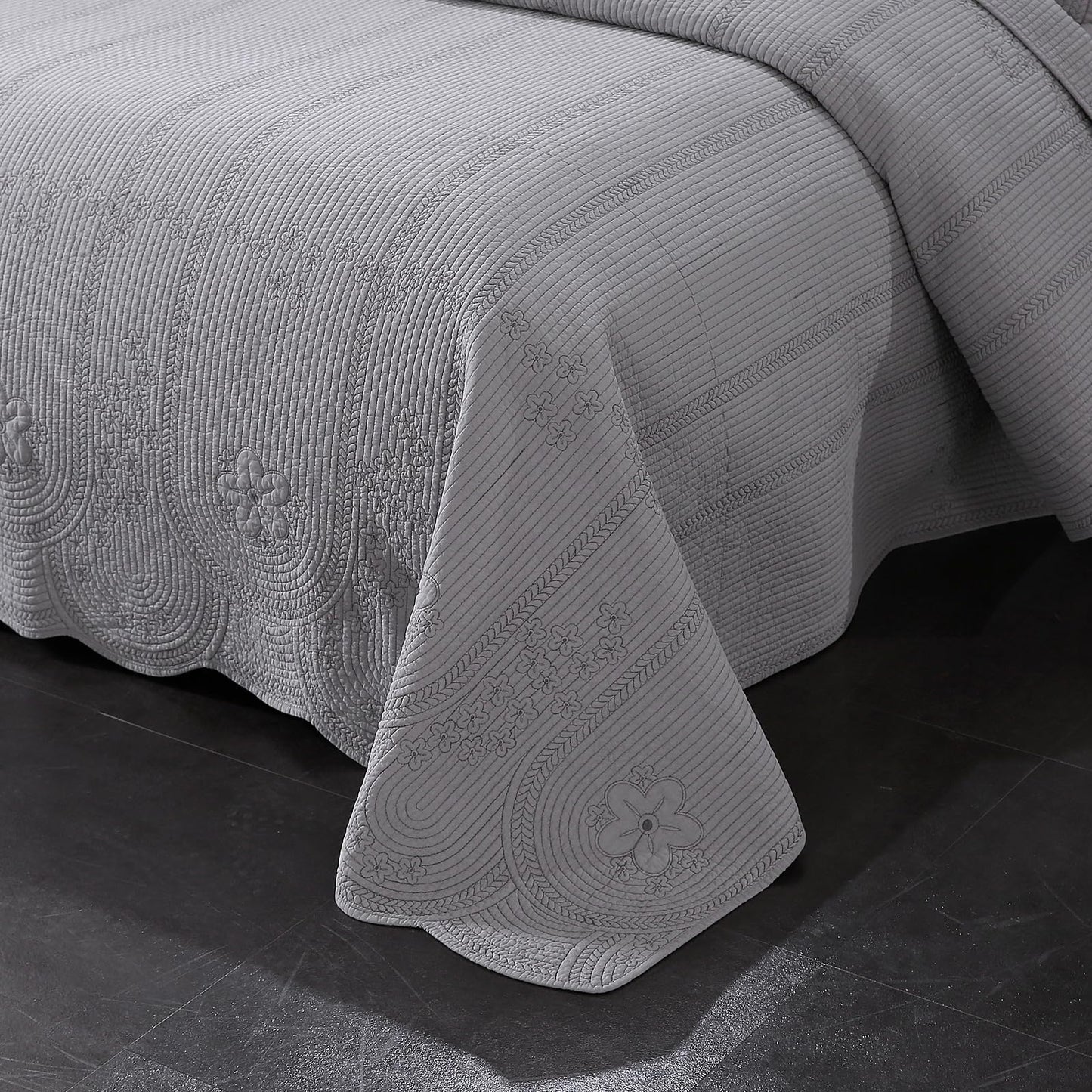ROOMLIFE Quilt Set Queen Size 3D Floral Embroidery Pattern 3-Piece Cotton Reversible Quilted Embroidered Decorative Bedspreads Coverlet Bedding Set, Lightweight &Soft, All Season(90" X 98") Grey