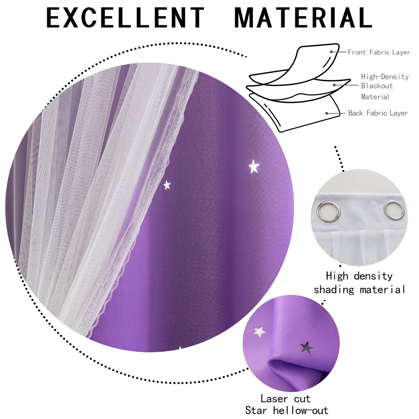 indistar Colourful Stripe Star Cut-Out Blackout Curtains for Bedroom,2 Layers Mix Design of Fabric & Tulle,Pretty Window Curtain for Kids Room 1 Panel (W52 x L72 Dark Purple)