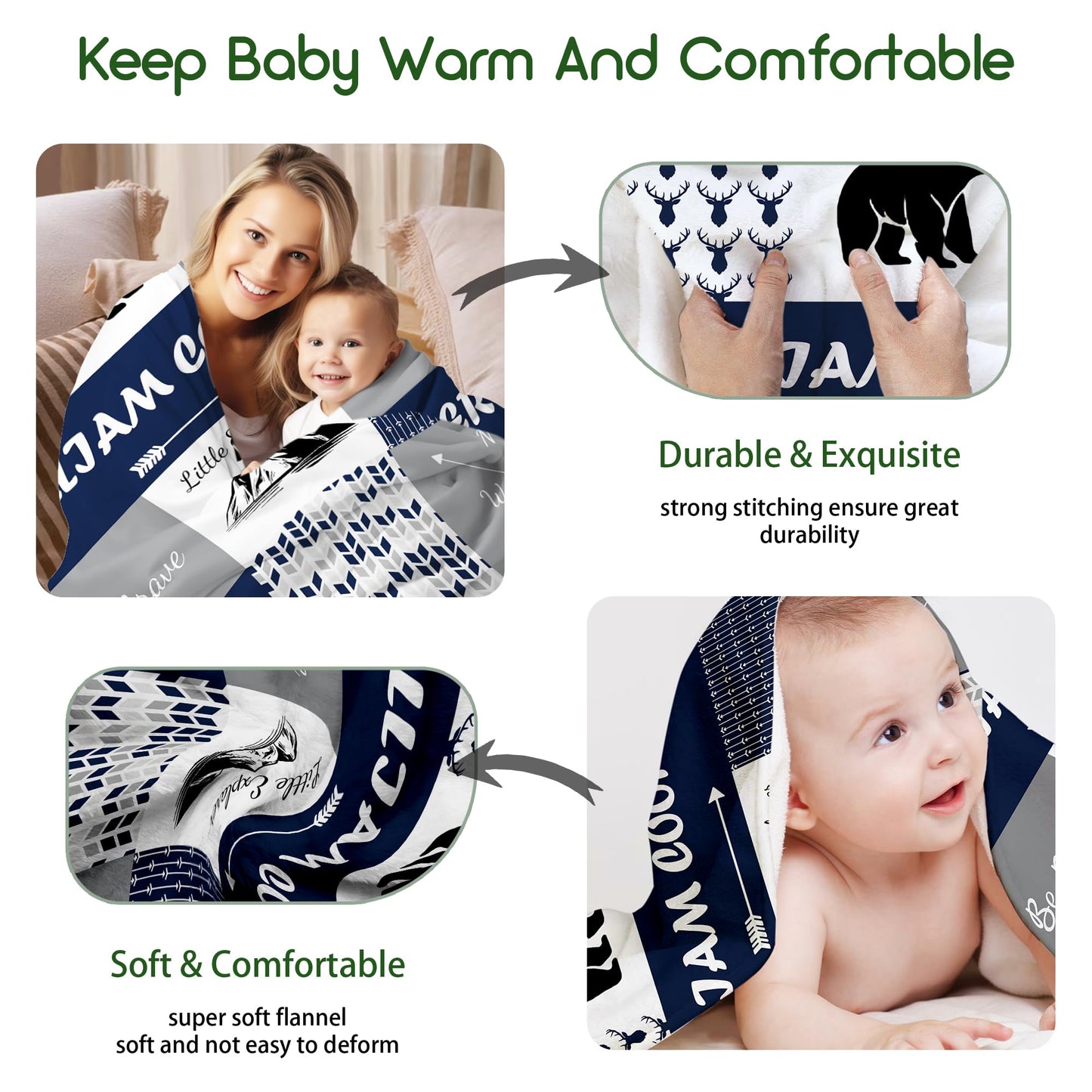 Personalized Baby Blankets for Boys, Custom Woodland Kids Blanket with Name, Soft Throw Receiving Blankets for Newborn Nursery, Customized Baby Shower Christmas Birthday Gifts