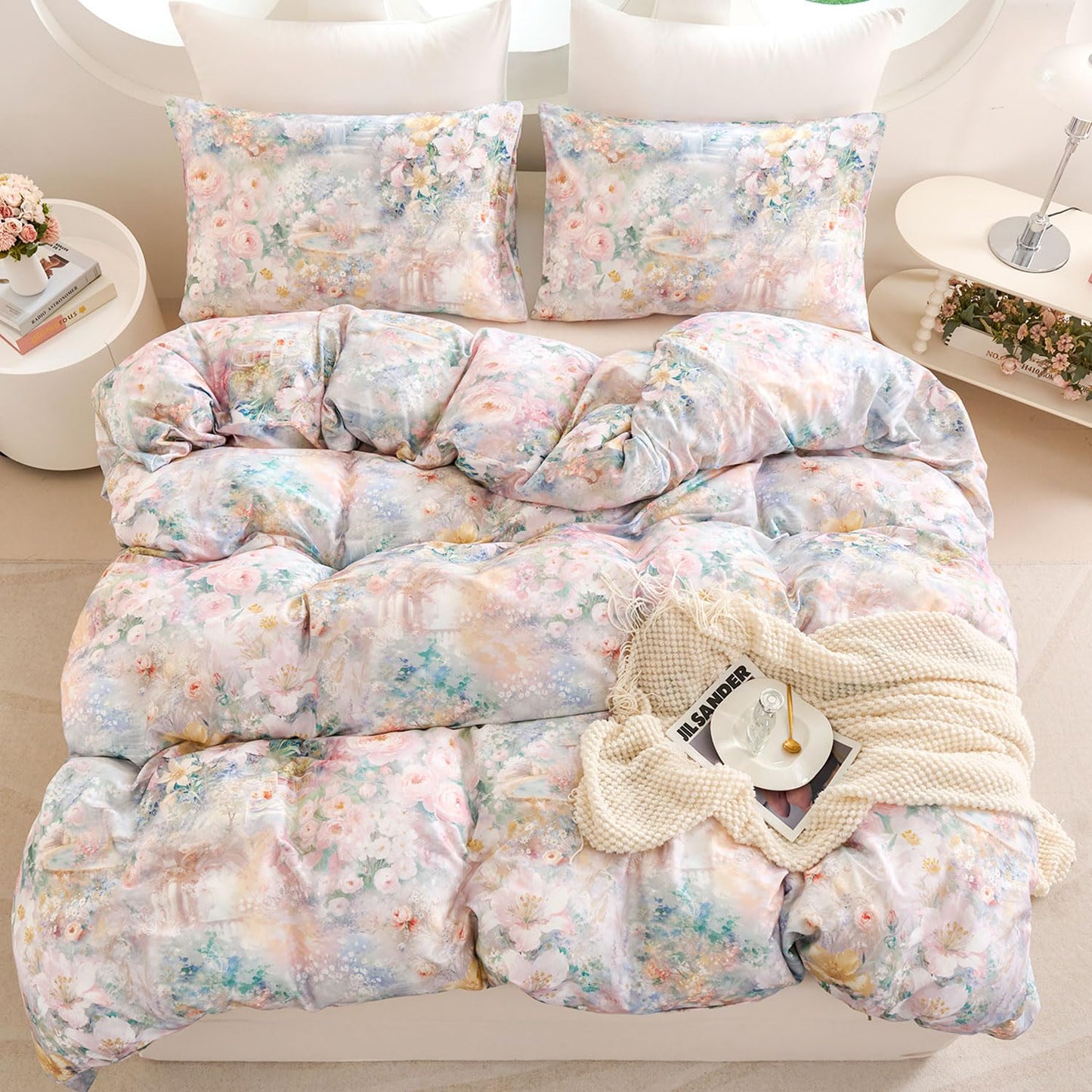 Zusbest Floral Duvet Cover King 100% Cotton, Double Brushed for Extra Soft, Luxury Pink Rose French Country Bedding Shabby-Chic Lily Comforter Cover with Zipper, Soft Breathable, 3Pc-Not Comforter