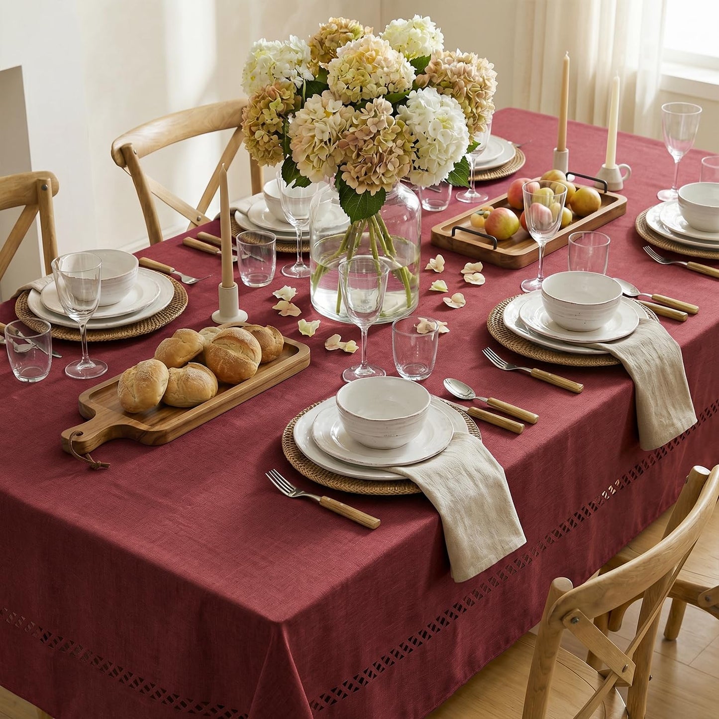 Horaldaily Red Farmhouse Style Tablecloth with Decorative Cutouts, 60×104 Inch Rectangular Polyester Table Cloth, Wrinkle Resistant Washable Table Cover for Dining Wedding and Outdoor