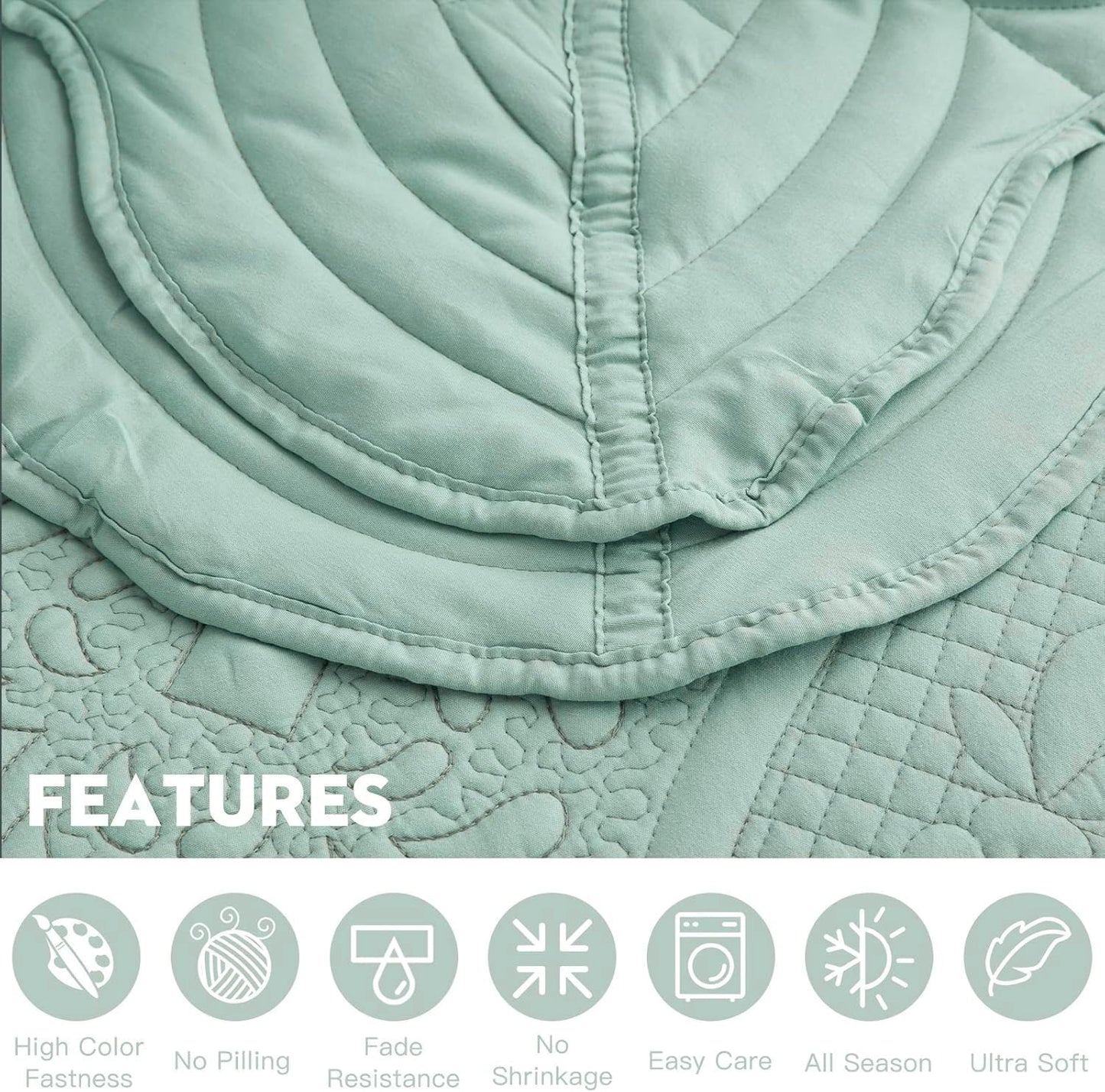 DaisyHuang Oversized Bedspread - King Size Bedding Cover - Modern & Contemporary Coverlet Set, Real Stitching, Reversible, Lightweight, 5 Piece, Seaglass