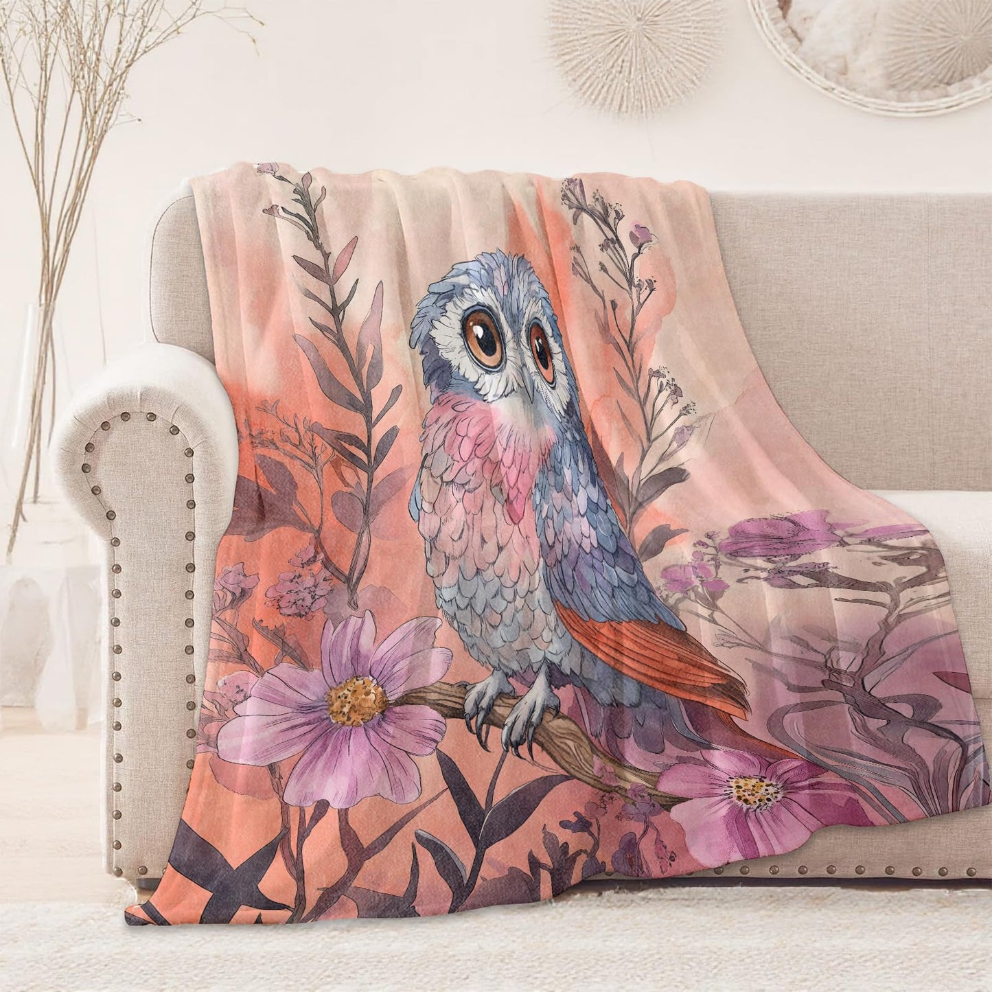 onlcuk Pastel Floral Owl Blanket, Cozy Flannel Cute Pretty Owls Throw Blanket, Soft Fuzzy Blankets for Travel Home Decor, All Season Lightweight Couch Bed Cover, Gifts for Women Adults Kids 50"×60"
