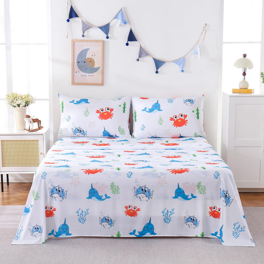 Yibeizi Twin Sheets Set Kids Beach Bedding Coastal Bed Sheets for Boys Ocean Print Bedsheets Microfiber Deep Pocket Nautical Patterned Bed Sheet & Pillowcase Sets 3 Pieces