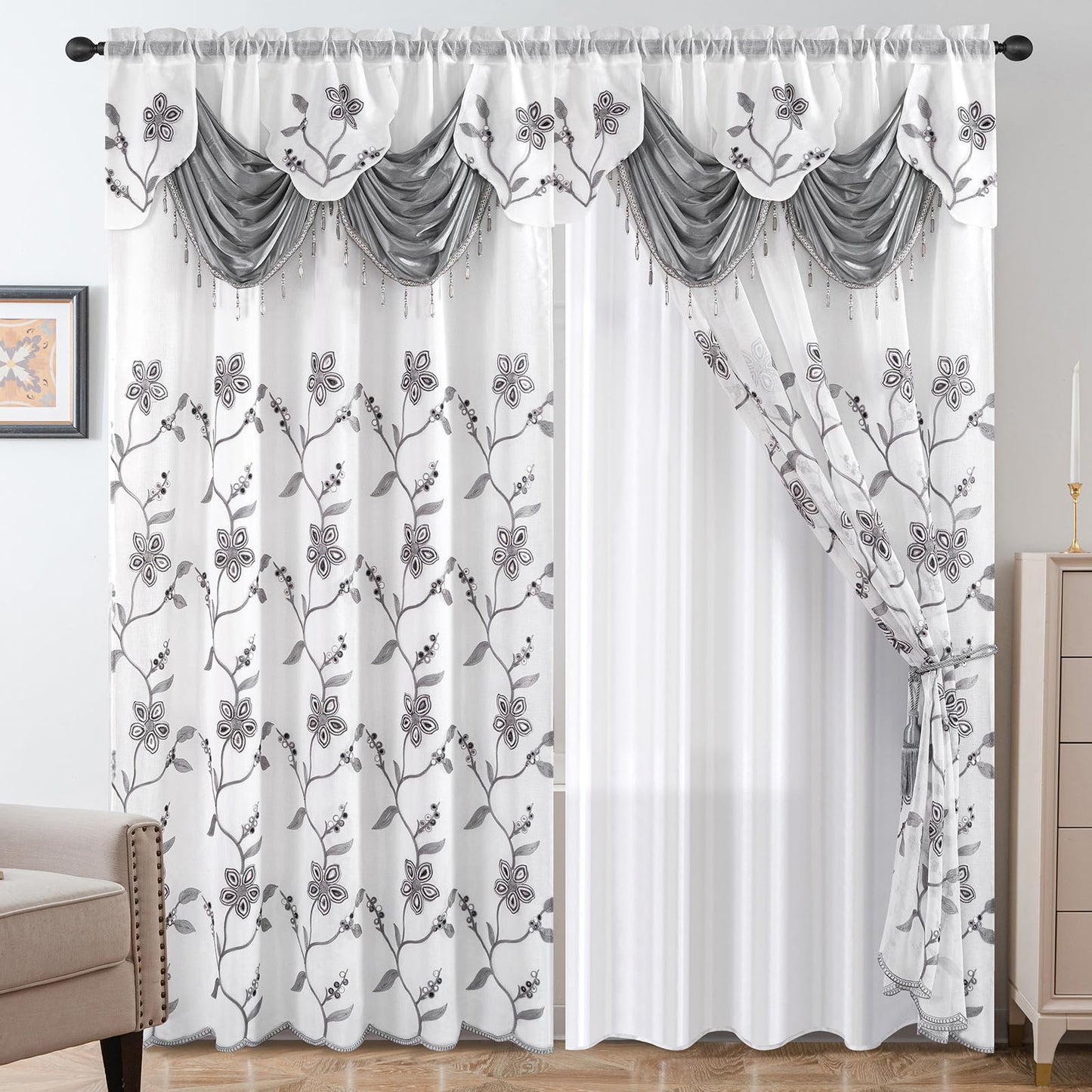 Petrichor Embroidered Sheer Curtain 2 Panels Set - Luxury Window Curtain Attached Valance with Satin Backing and 2 Tie Backs for Living Room,Dining Room, 54x84 inches, Gray