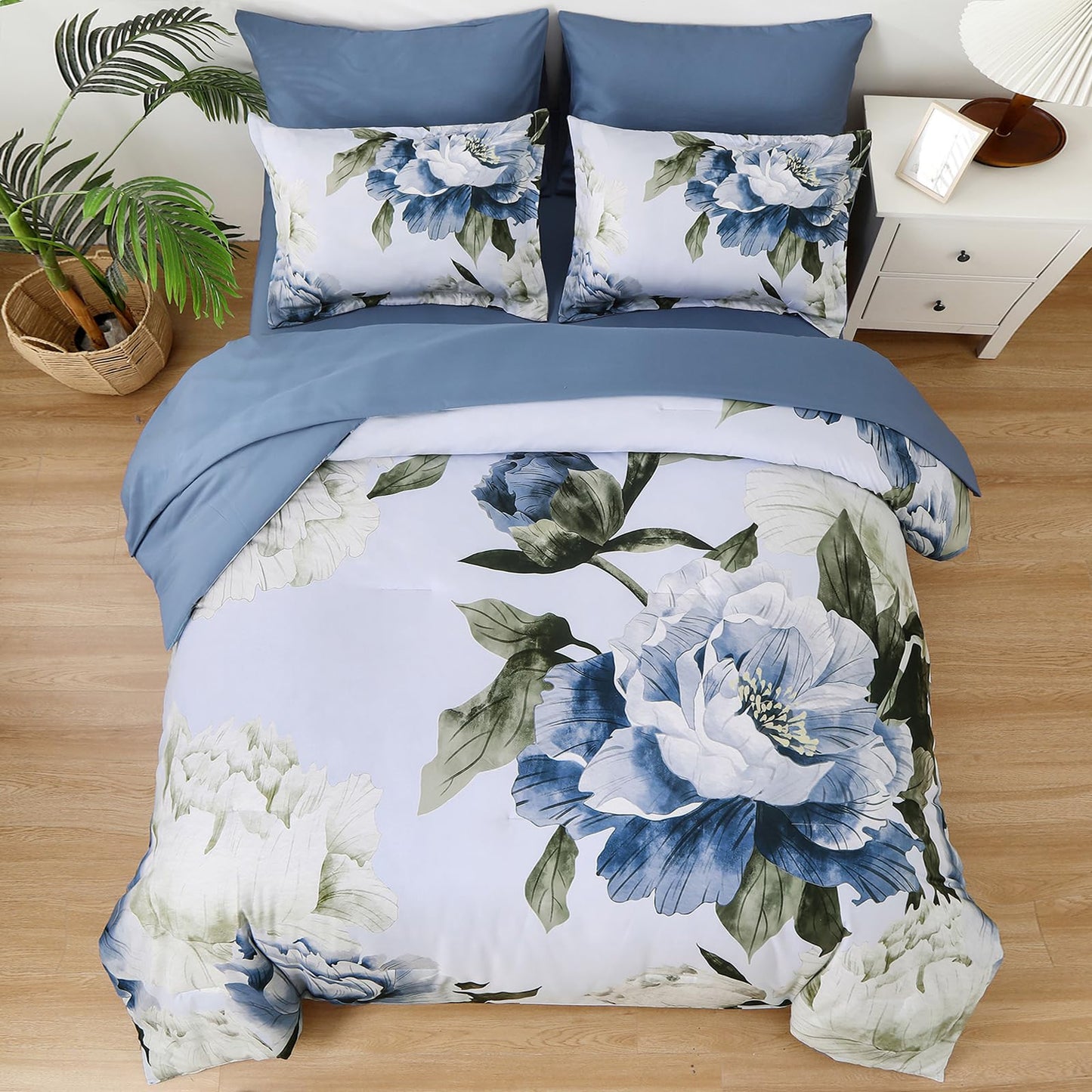 Dobuyly Blue Twin Comforter Set 5 Piece Bed in a Bag Twin Size, Blue Floral Print on Light Blue Comforter Set with Sheets, Soft Microfiber Complete Bedding Set for All Season