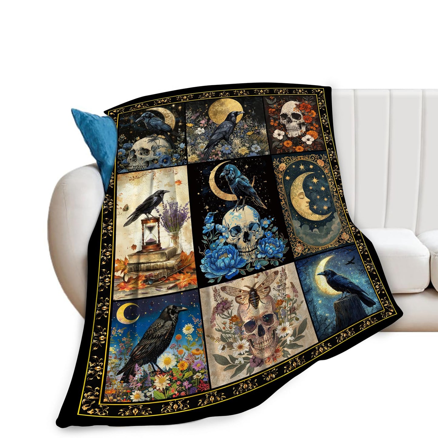 Gothic Raven Blanket Soft Fuzzy Fleece Skull Moon Crow Throw Blankets Decor Cozy Warm Plush Flannel Dark Floral Blanket Gifts for Girls Women Kids Adults Home Decor Stuff Sofa Couch Bed 50"X40"