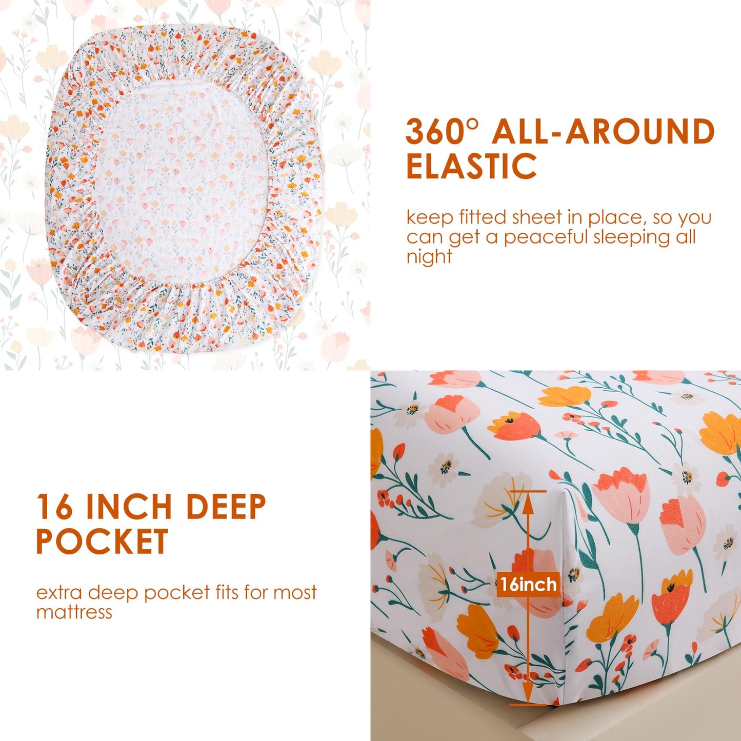 JSD Tulip Floral Sheet Set Queen Size, 4 Piece Spring Printed Microfiber Bed Sheets Deep Pocket