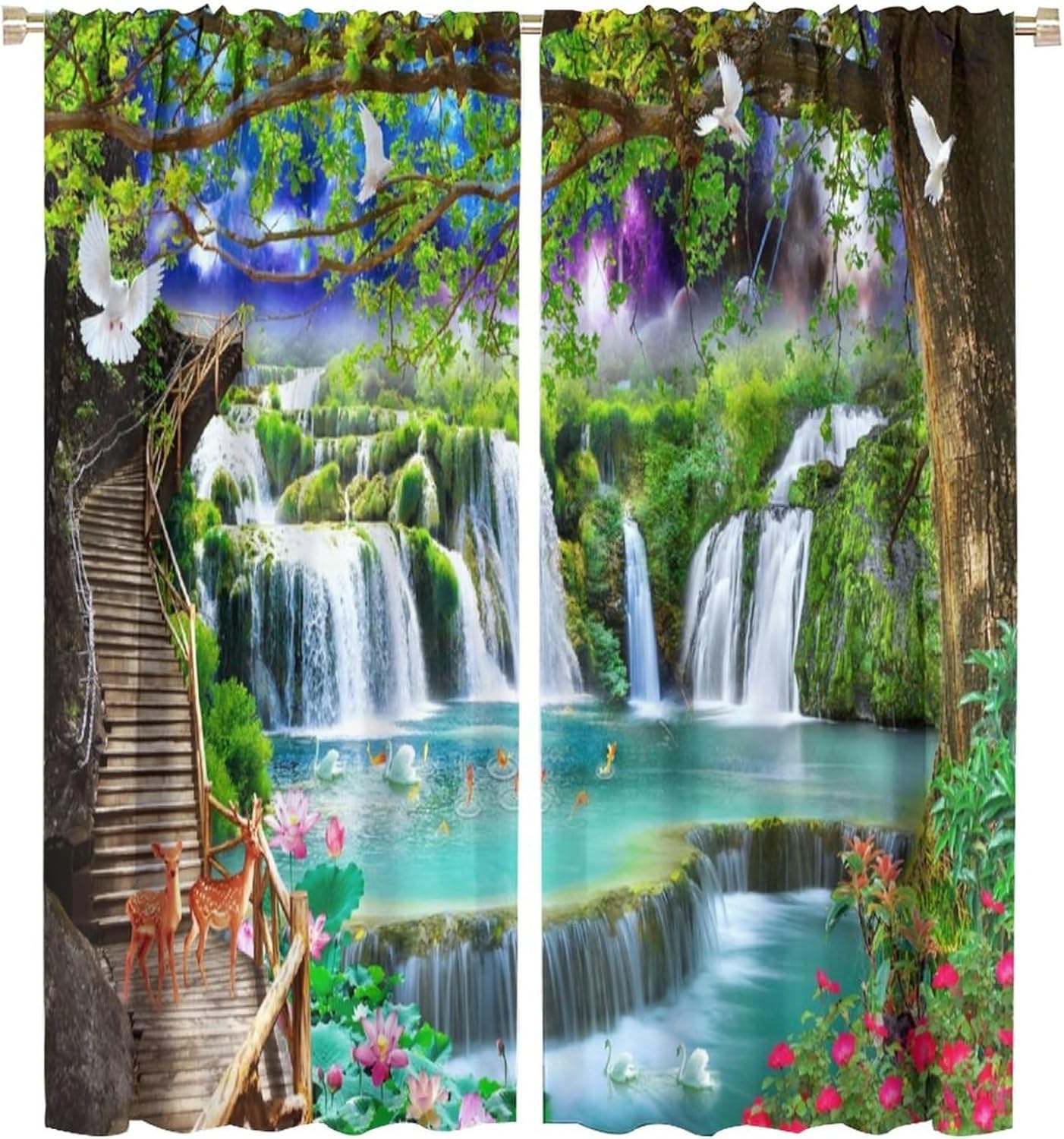 HZOHNAGO Waterfall Curtain Forest Lake Swans Deers Fishs Pigeons Fantastic Scenery Blackout Print Rod Pocket Window Drapes for Bedroom Living Room 42x45in